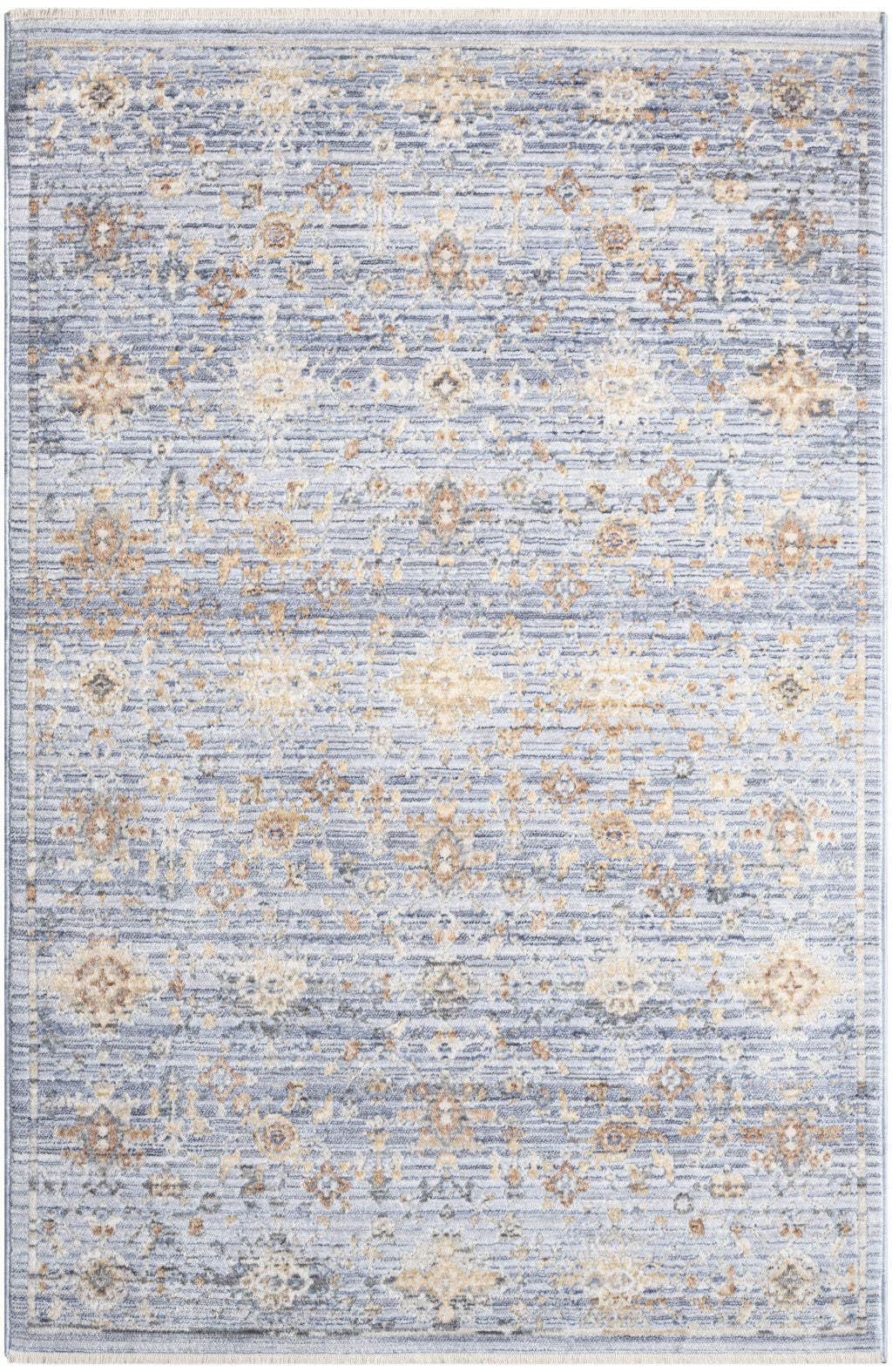 HomeRoots 533428 3 x 5 ft. Oriental Power Loom Distressed Rectangle Area Rug with Fringe Blue & Ivory