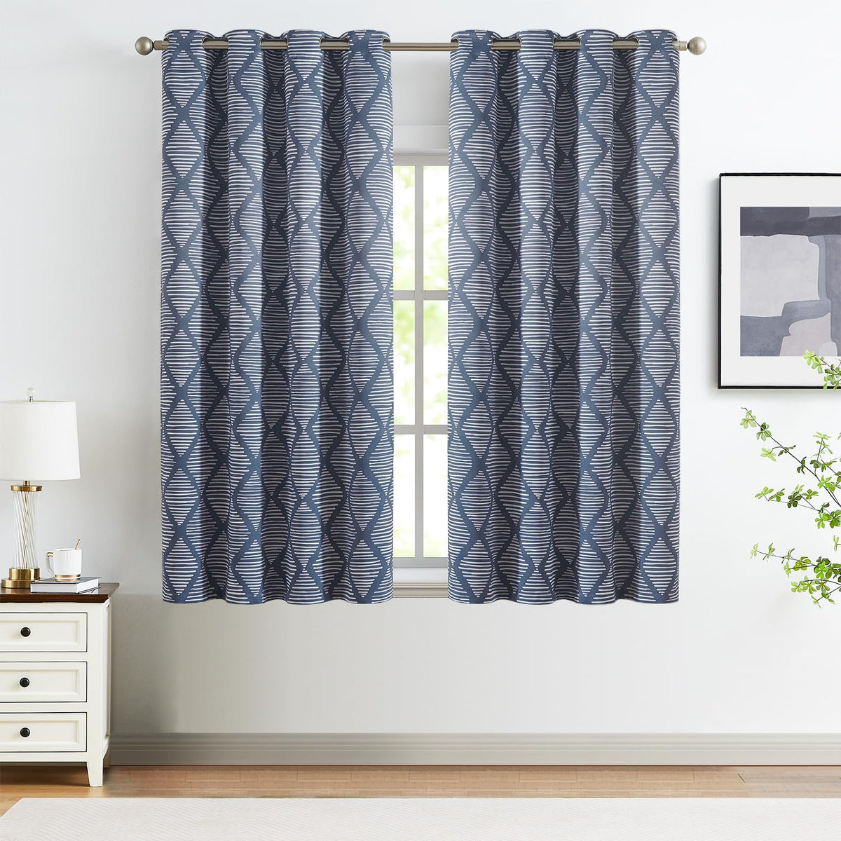 Jinchan 100% Blackout Curtains 63 Inch Length Blue Geometric Printed Curtains Thermal Insulated Pattern Bedroom Curtains Modern