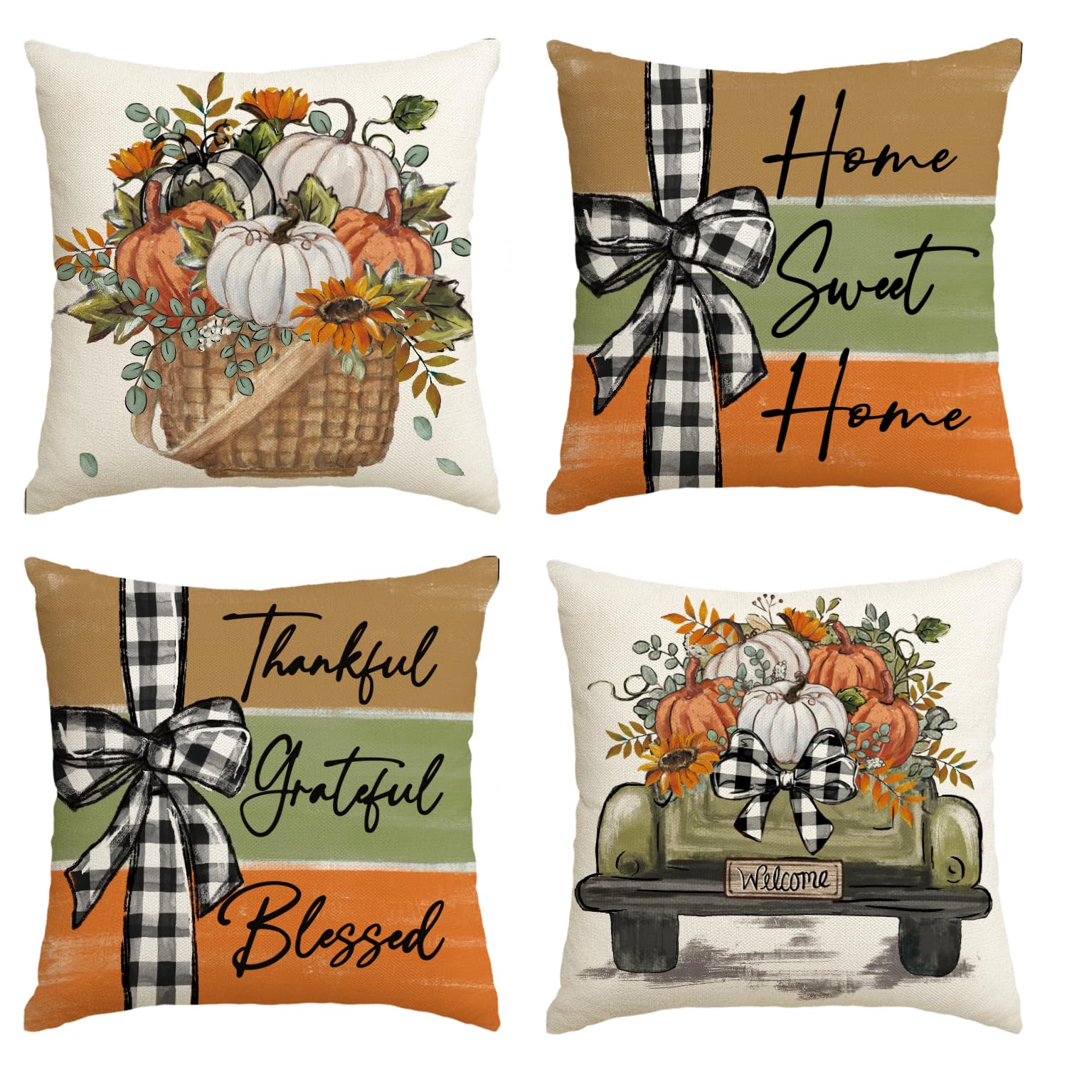 Avoin Colorlife Fall Pumpkin Truck Sunflowers Home Sweet Home Throw Pillow Covers, 20 X 20 Inch Autumn Thankful Grateful Blessed