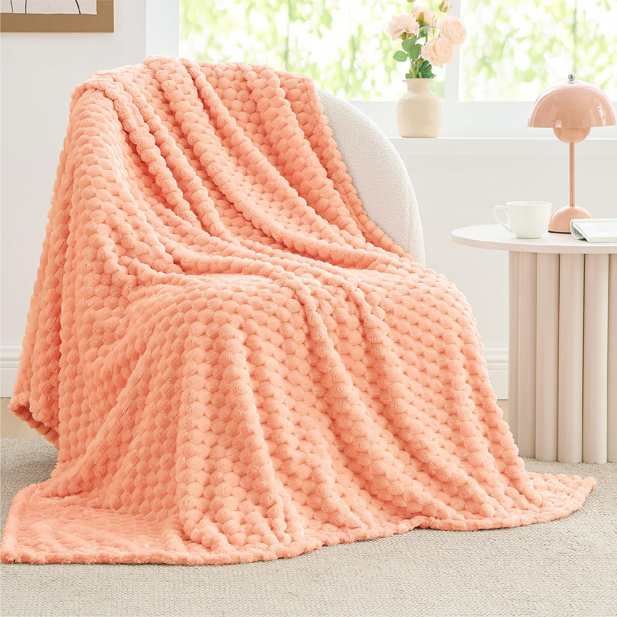Bedelite Fleece Blanket Twin Blanket For Bed Couch, 3D Jacquard Decorative Peach Pink Throw Blanket, Soft And Cozy Warm Plush Fu