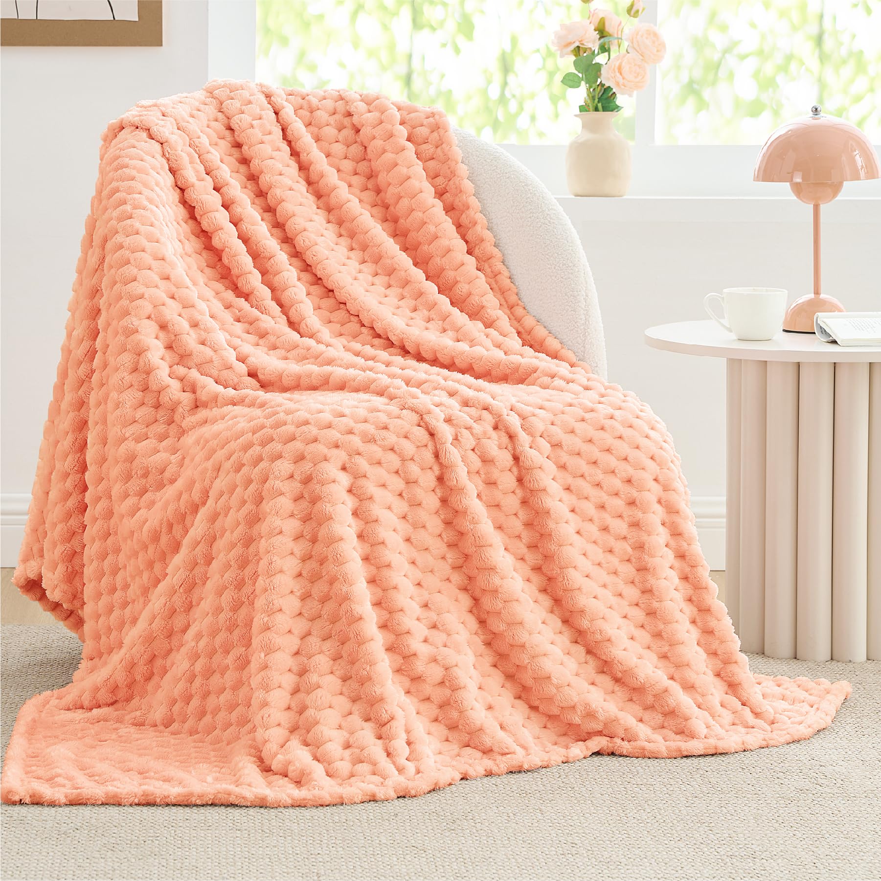 Bedelite Fleece Throw Blanket For Couch & Bed - 3D Jacquard Decorative Peach Pink Blanket, Super Soft And Cozy Warm Fuzzy Blanke