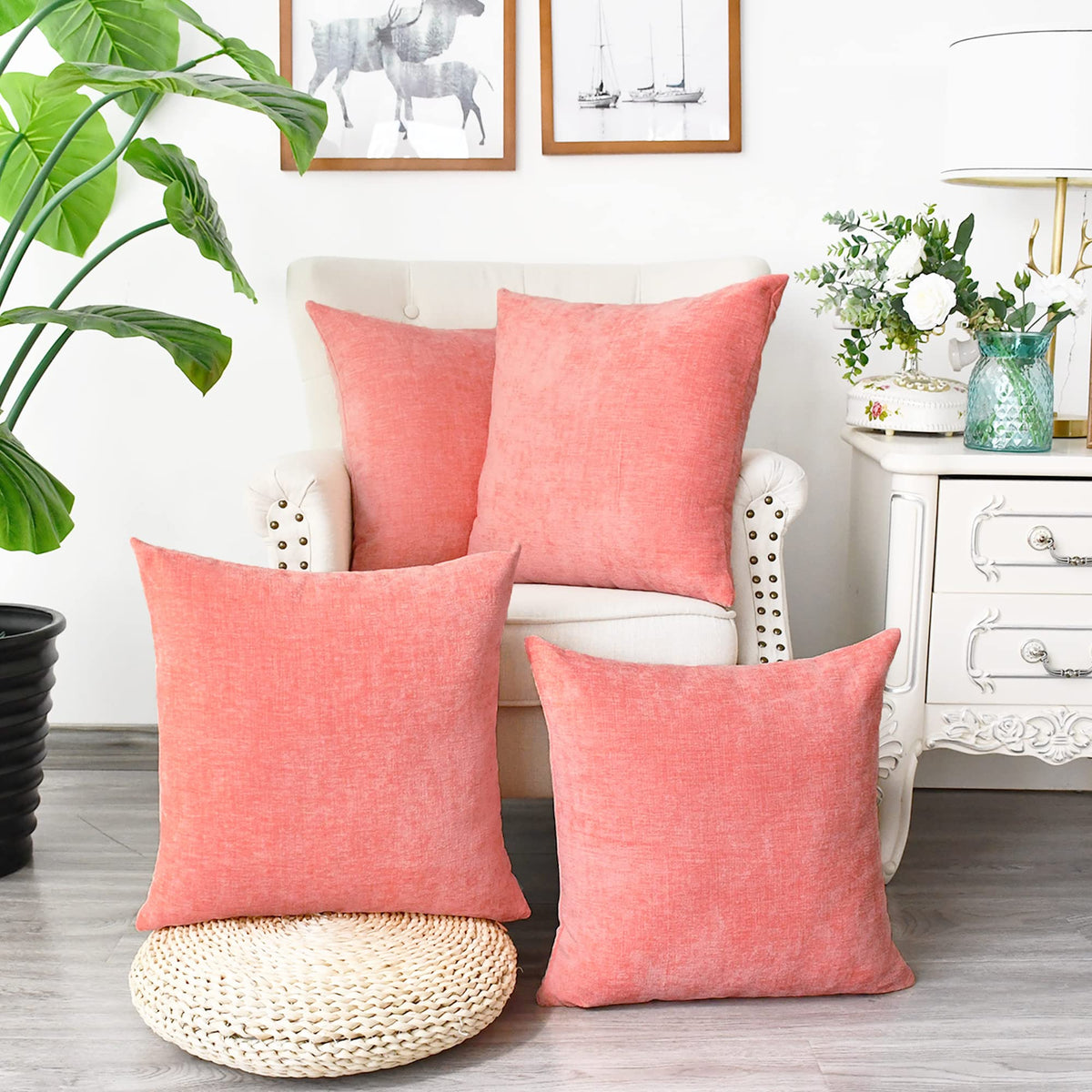 Calitime Pack Of 4 Cozy Throw Pillow Covers Cases For Couch Sofa Home Decoration Solid Dyed Soft Chenille 18 X 18 Inches Living