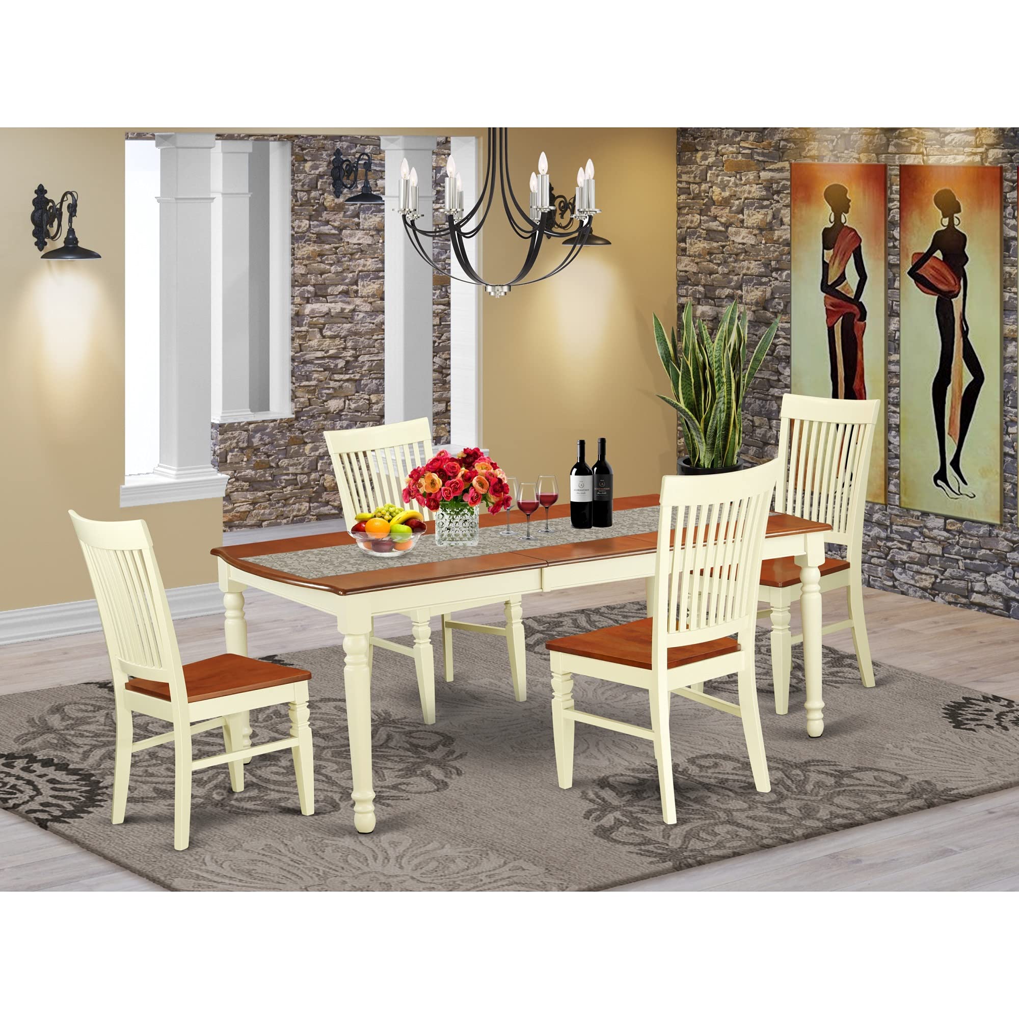 East West Furniture DOWE5-BMK-W Dover 5 Piece Modern Set Includes a Rectangle Wooden Table with Butterfly Leaf and 4 Dining Room Chairs, 42x78 Inch, Buttermilk & Cherry
