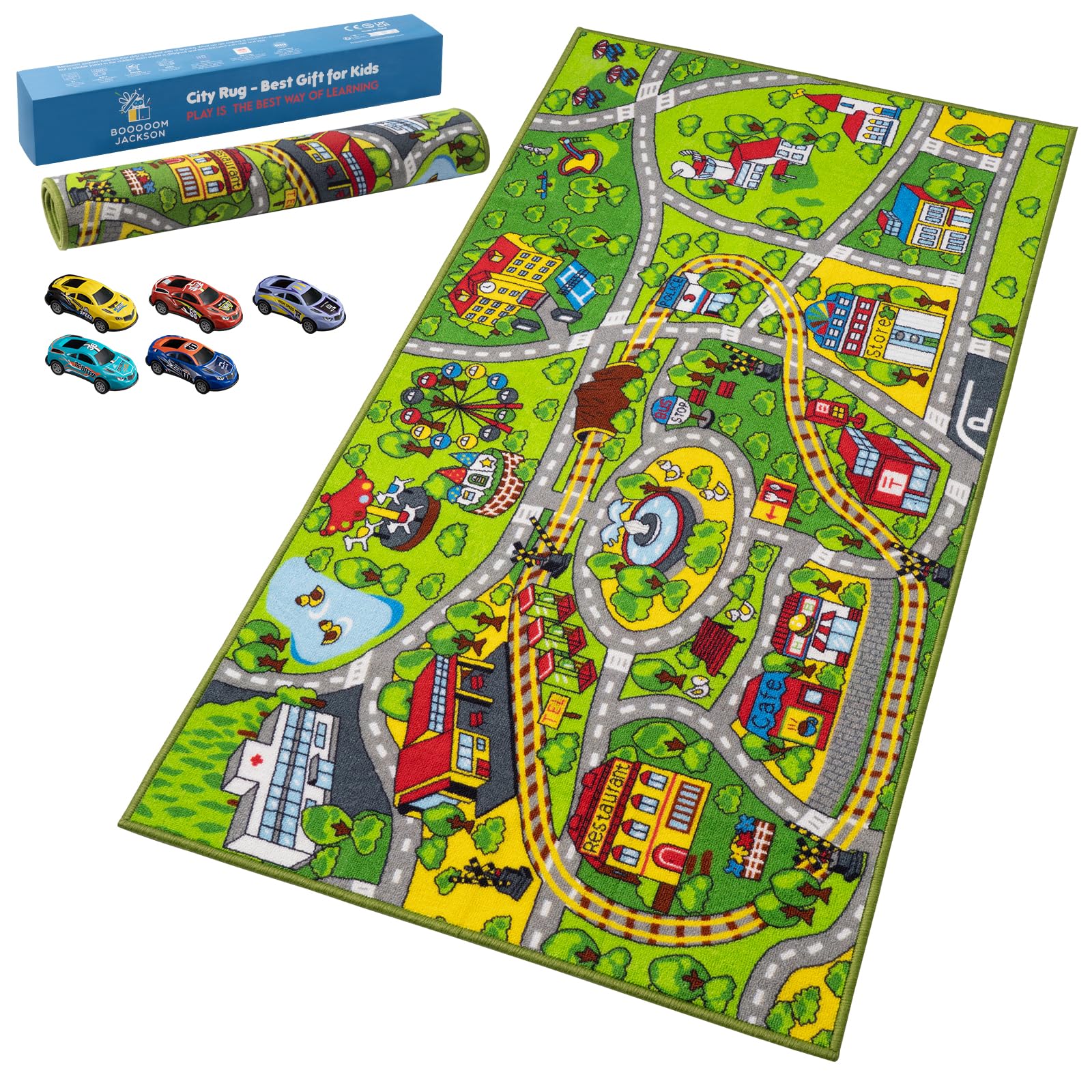 Booooom Jackson City Playmat Rug, Green, 60 X 32 Inches, Non-Slip, Machine Washable, Compatible With Hot Wheels And Matchbox Car