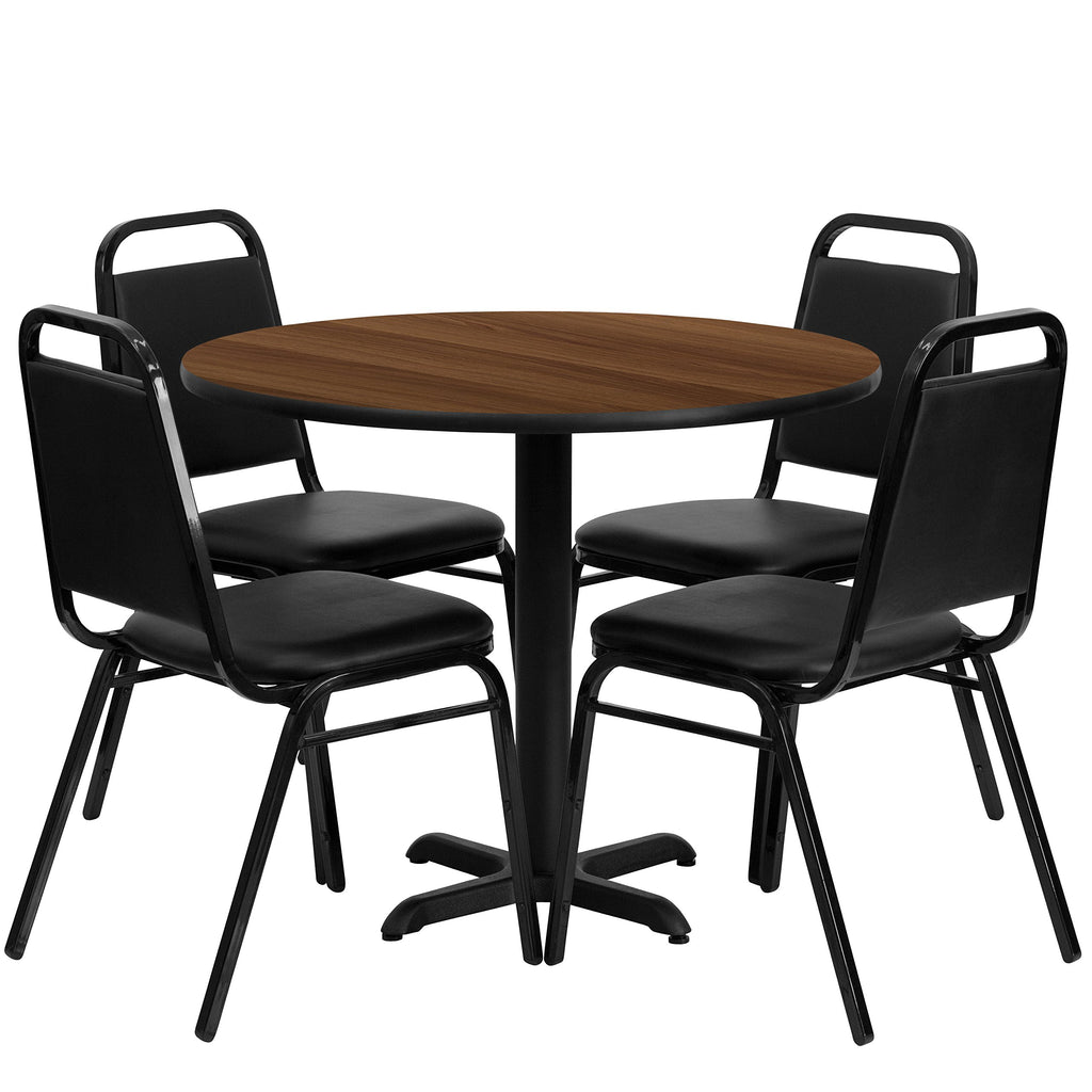 Flash Furniture Carlton 36'' Round Walnut Laminate Table Set with X-Base and 4 Black Trapezoidal Back Banquet Chairs