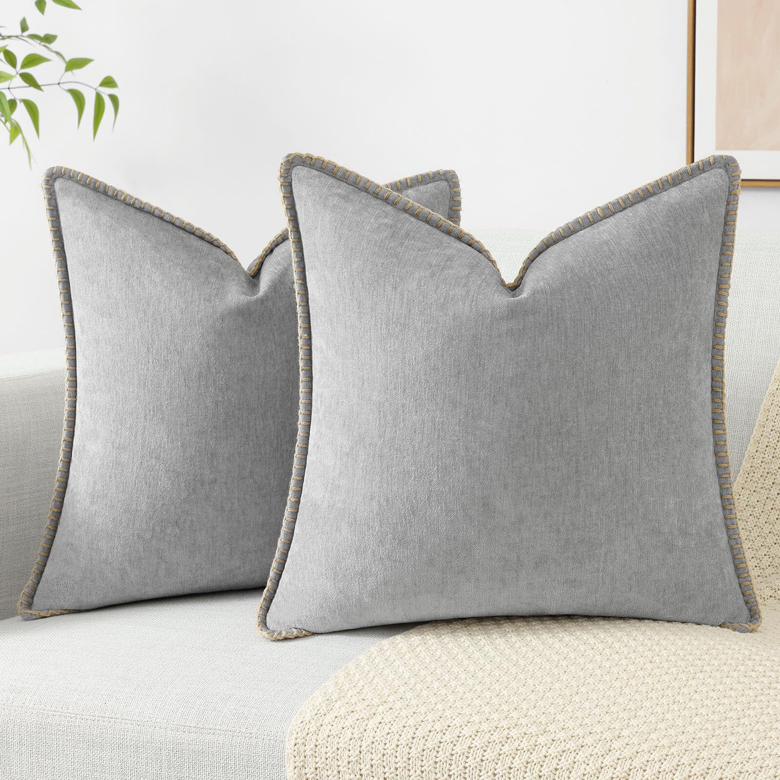 Decoruhome Chenille Soft Throw Pillow Covers 20X20 Set Of 2, Farmhouse Velvet Decorative Pillow Covers With Stitched Edge For Co