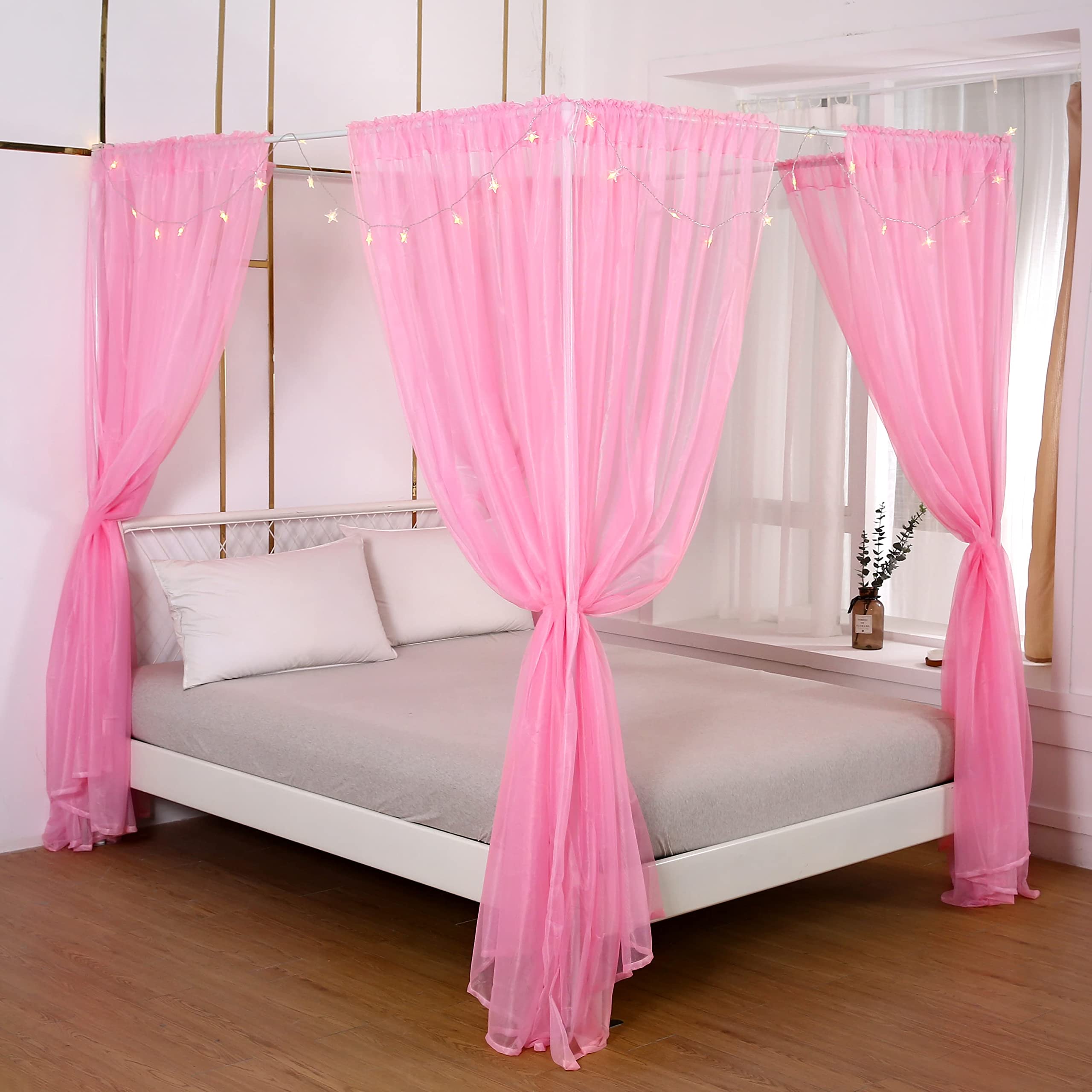 Akiky Bed Canopy Panels Canopy Bed Curtains With Lights For Girls Boys Adults,Home Decoration Set Of 8 Panels (Full/Queen, Pink)