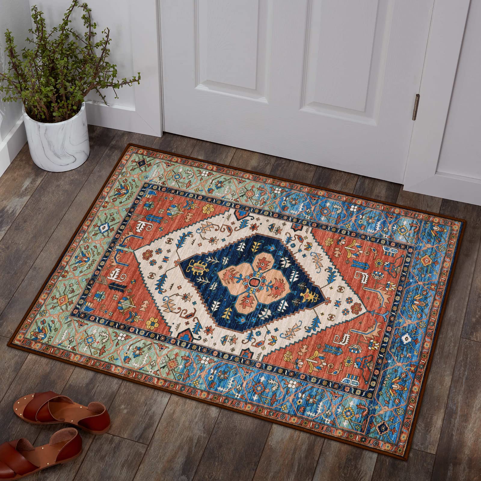 Lahome Boho Entryway Rug - 2x3 Small Throw Kitchen Rugs Washable Area Rugs for Bedroom Non-Slip Low-Pile Kitchen Mats Oriental I
