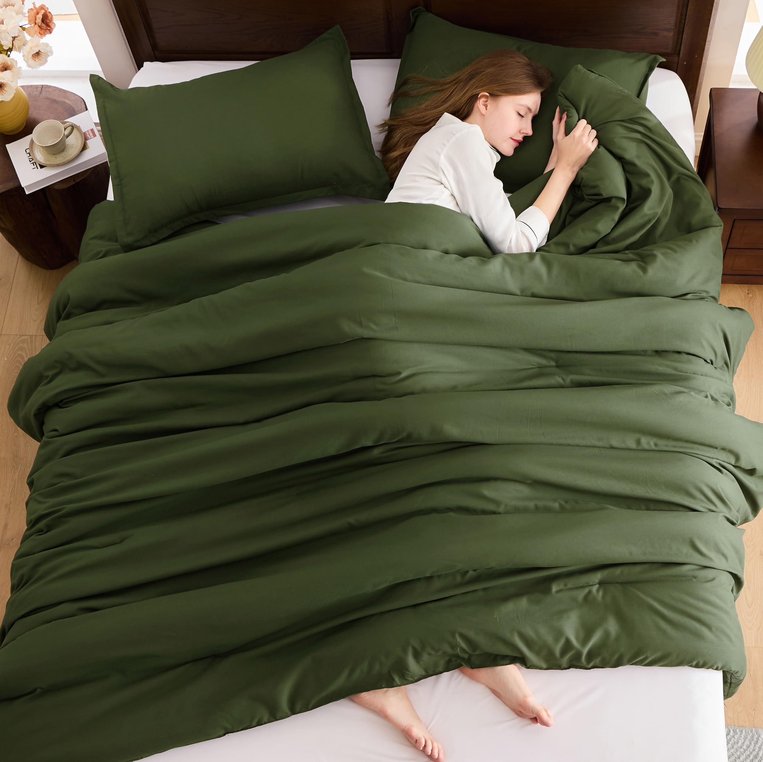 Andency Olive Green King Size Comforter Set, Solid Comforter Set 3 Pieces (1 Boho Comforter & 2 Pillowcases), Lightweight Fluffy Soft Vintage Olive Bed Comforter Set For All Season