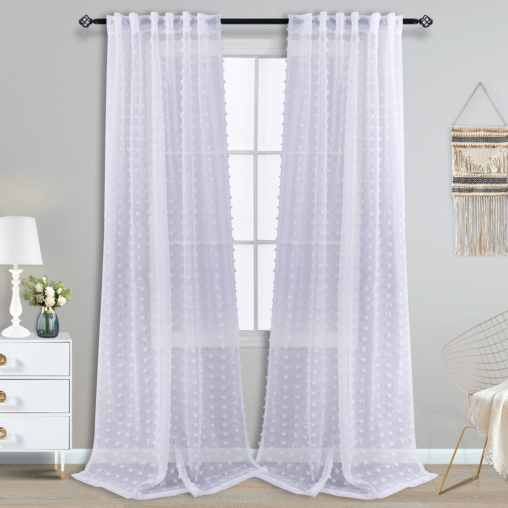 Koufall Extra Long 108 Inch Curtains For Living Room 2 Panels Window Drapes Boho Pom Pom Pattern Design Back Tab Semi Sheer Light Filtering Curtain For Bedroom,White,52X108 In Length