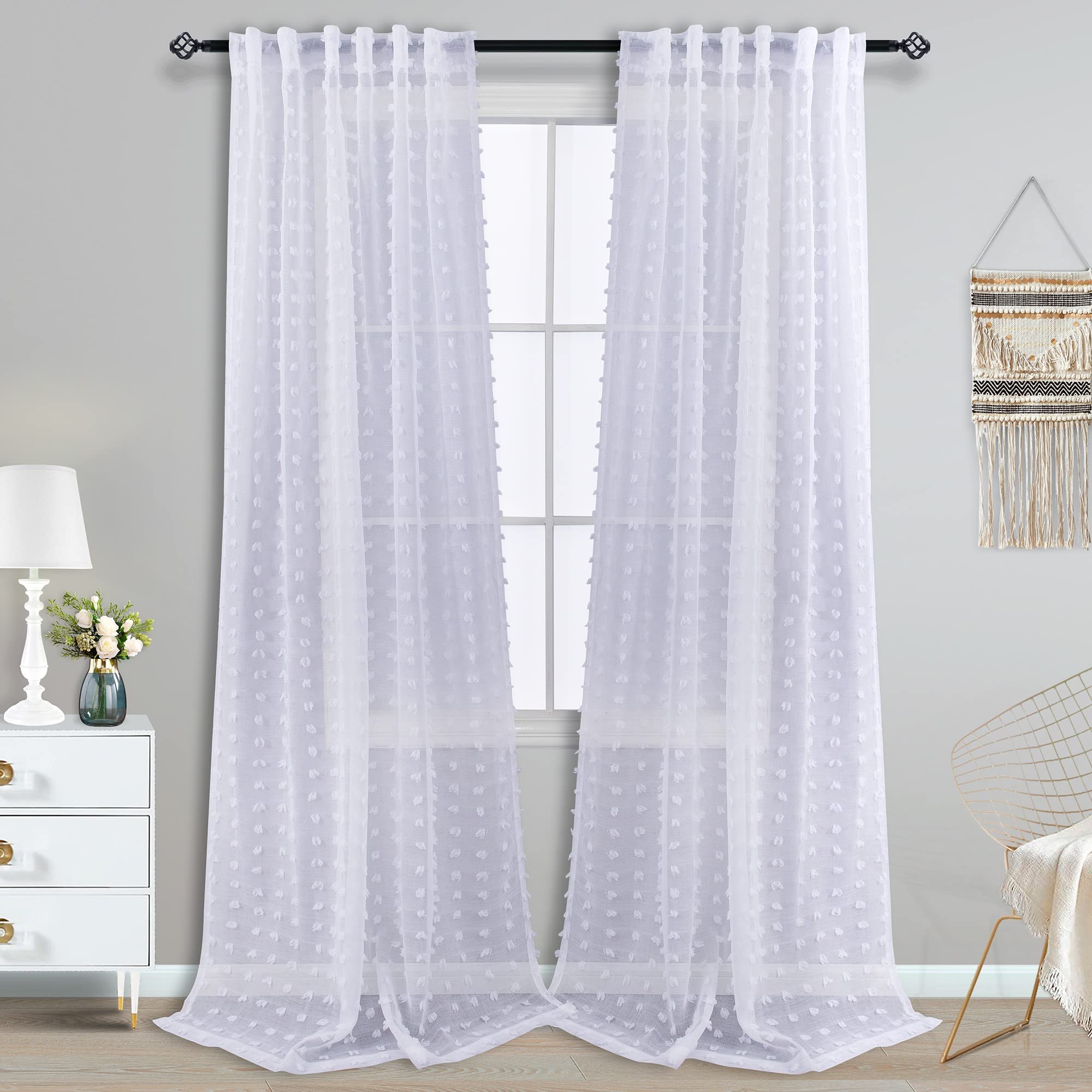 Koufall Extra Long 108 Inch Curtains For Living Room 2 Panels Window Drapes Boho Pom Pom Pattern Design Back Tab Semi Sheer Light Filtering Curtain For Bedroom,White,52X108 In Length