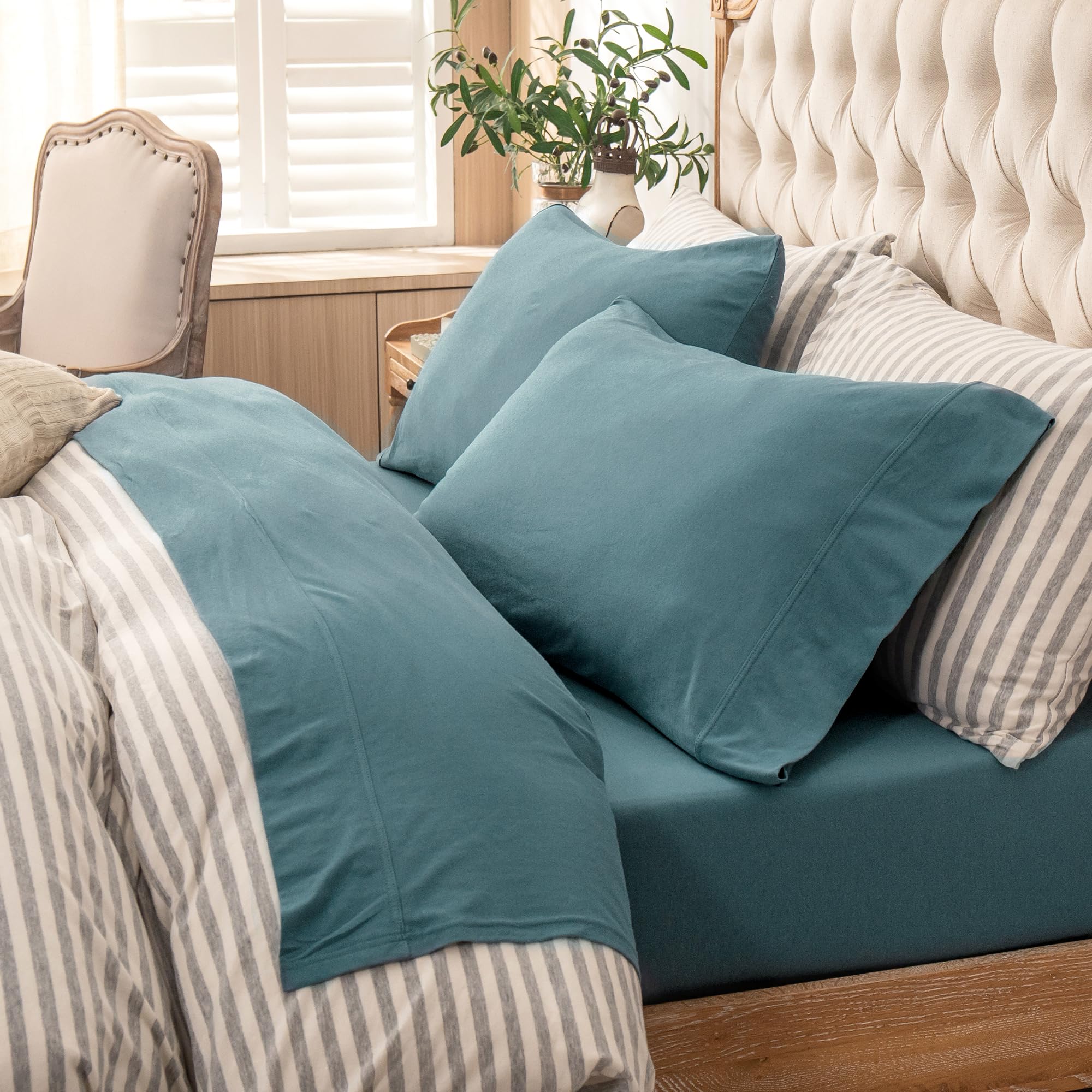 Pure Era Jersey Knit 3Pc Bed Sheet Set 100% T-Shirt Cotton Super Soft Comfy Breathable Fits Mattress Up To 20'' Extra Deep Pocke