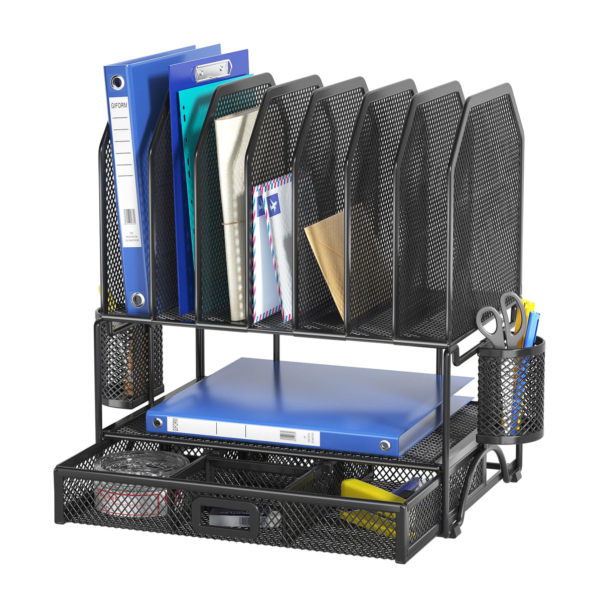 FANXIYQ Metal Desk Organizer with Sliding Drawer, 7Section File Organizer for Desk, Desktop File Folder & Paper Organizer with 