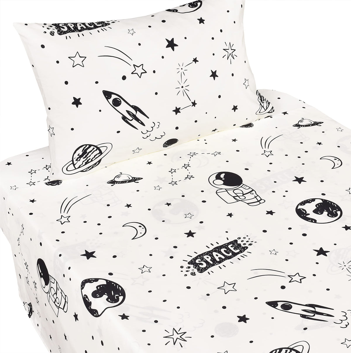 J Pinno Space Astronaut Airship Planet Stars Earth Boys Twin Sheet Set Bedroom Decoration Gift, 100% Cotton, Flat Sheet + Fitted