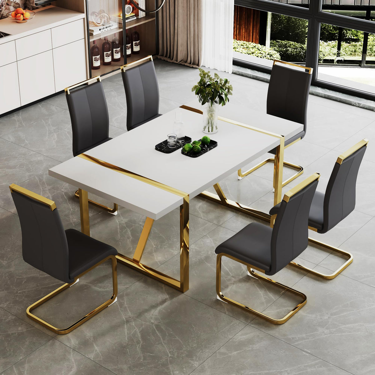 Ebullient White Dining Table Set For 6,Rectangular Mdf Kitchen Table And Leather Dining Chairs Set Of 6, 7 Piece Dining Room Tab