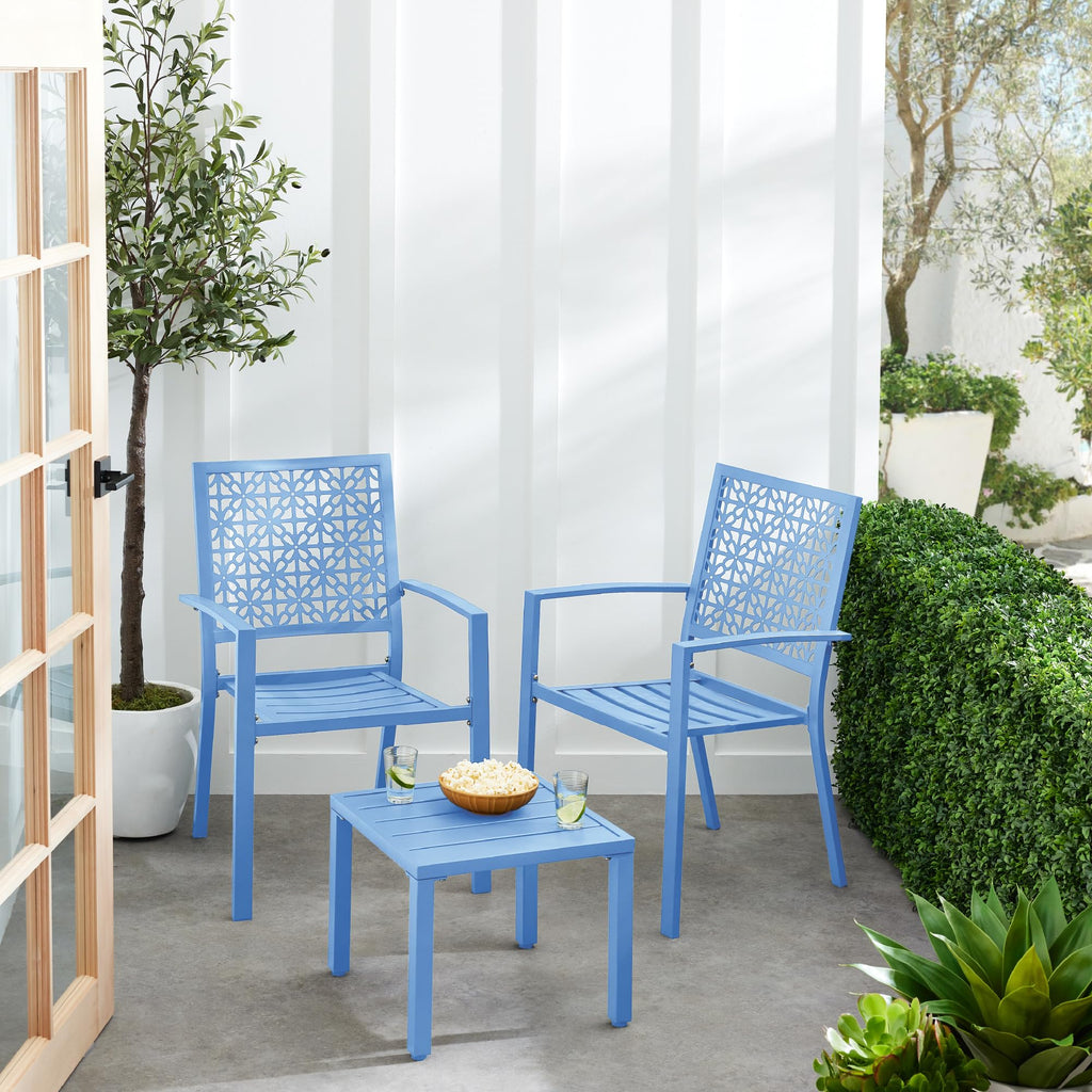 Best Choice Products 3-Piece Outdoor Bistro Set, Stackable Modern Steel Furniture For Porch, Garden W/ 2 Chairs, Table, Geometric Decor - Sky Blue