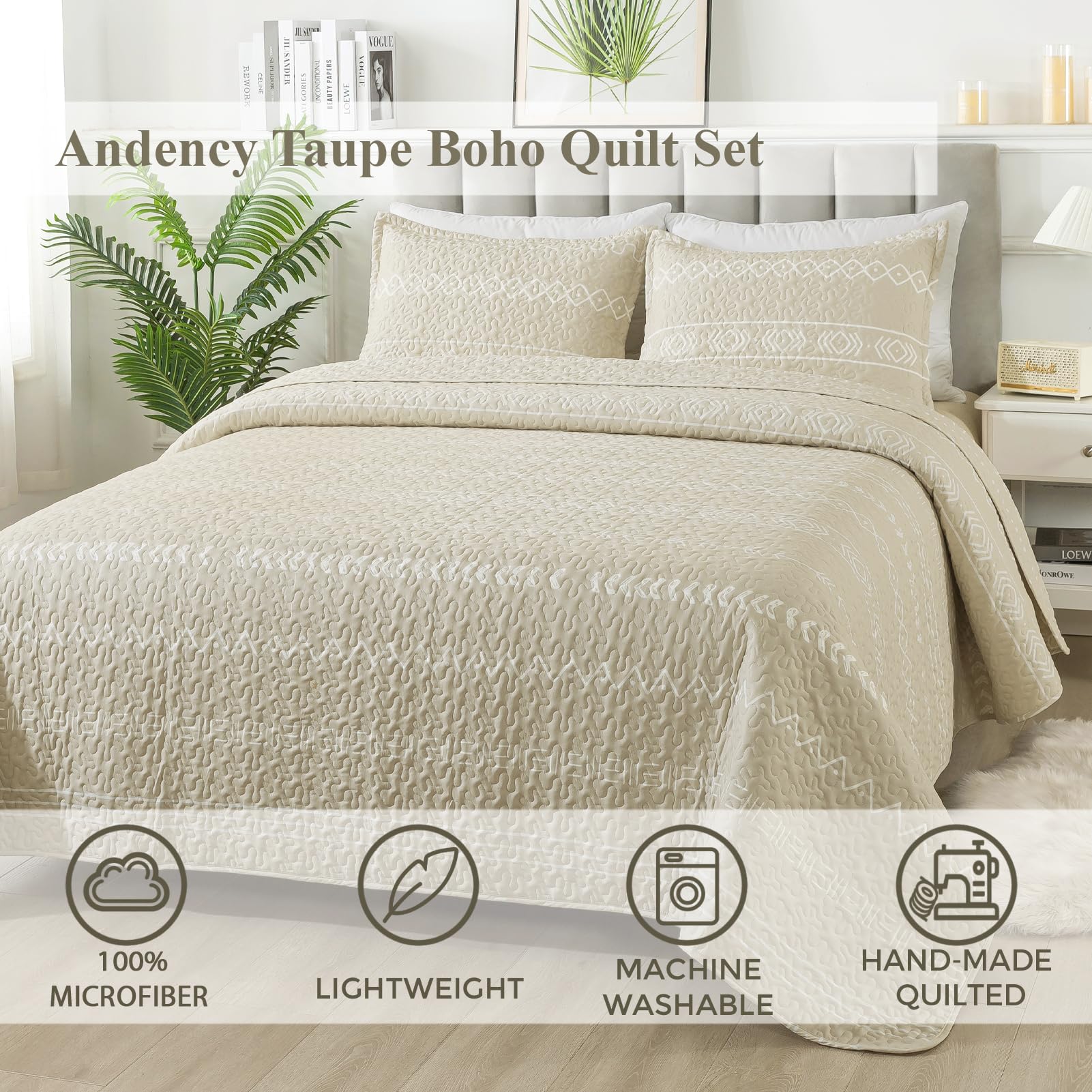 Andency Beige Quilt Set King (106X96 Inch), 3 Pieces(1 Striped Triangle Printed Quilt And 2 Pillowcases), Bohemian Summer Lightweight Reversible Microfiber Bedspread Coverlet Sets