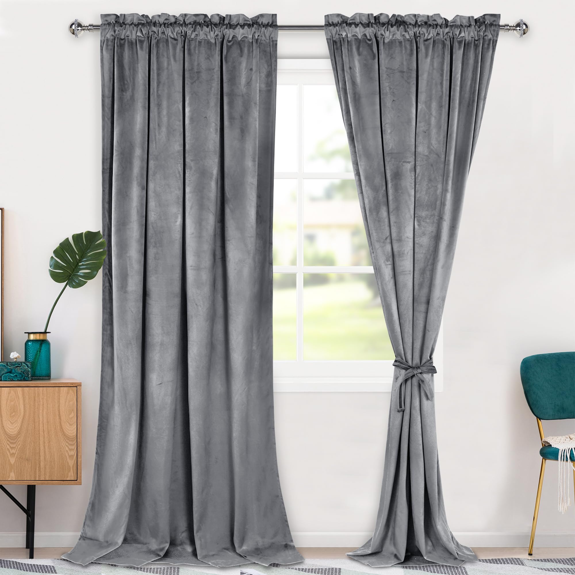 Hiasan Grey Velvet Curtains 120 Inches-Blackout Thermal Insulated Solid Soft Curtains For Bedroom Living Room Rod Pocket Room Da
