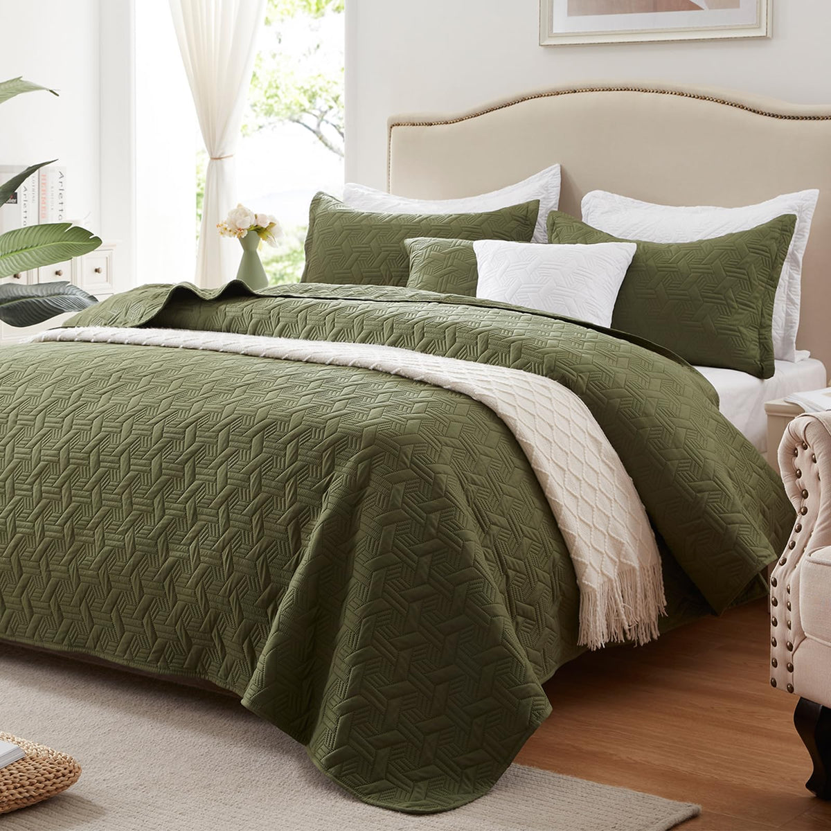 Leaonme Full/Queen Quilt Set 3 Pieces,Lightweight Olive Green Bedspread-90'X98',Soft Microfiber Summer Quilt/Coverlet,Luxuriou