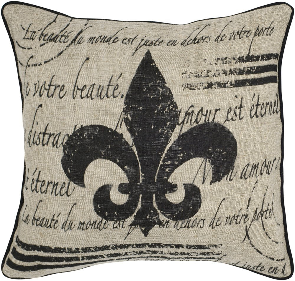 Rizzy Home | T04323 | Poly Fill Decorative Pillow | 18&quot;X18&quot; Brown/Black/Neutral Fleur De Lis With Script