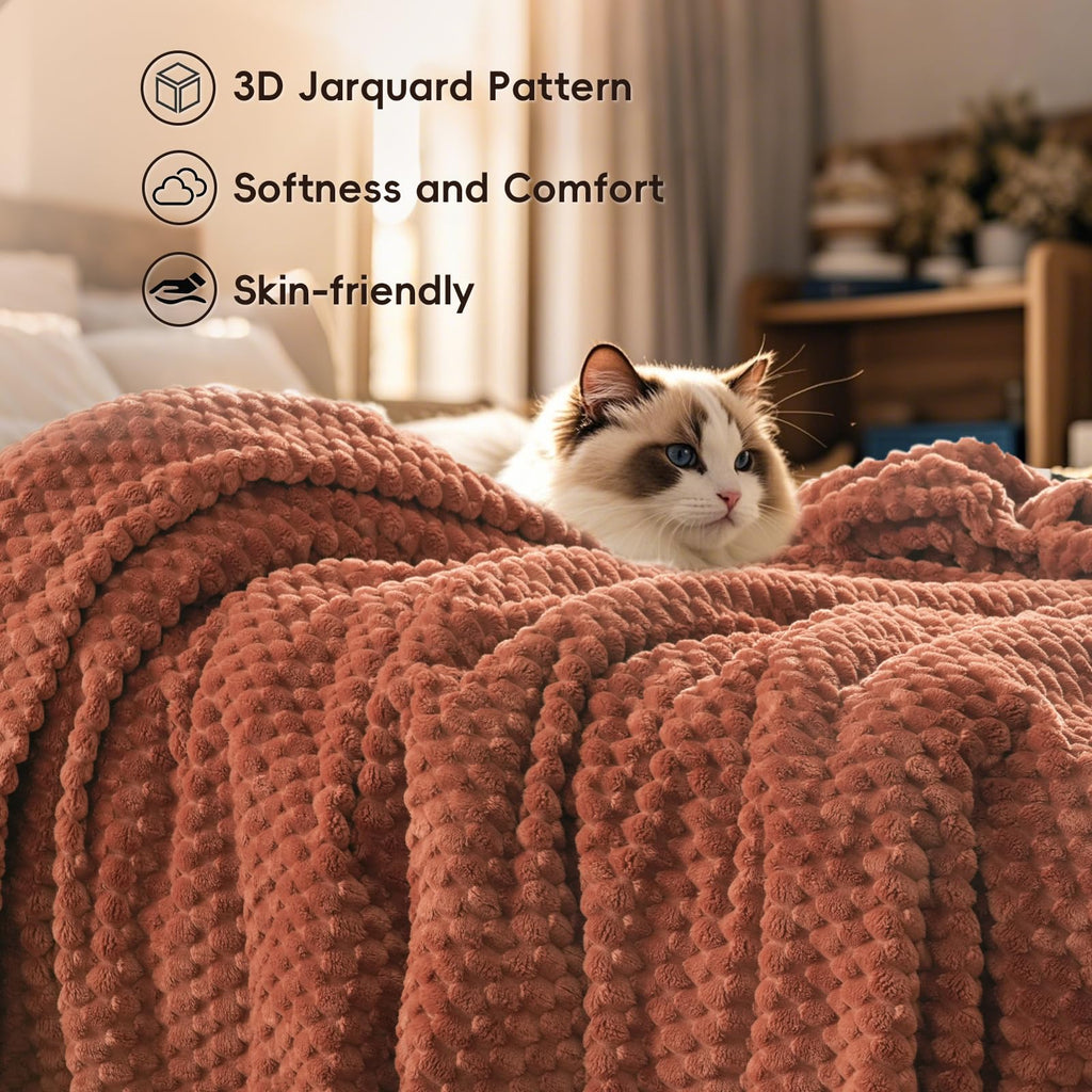 Phf Ultra Soft Flannel Fleece Blanket Queen Size, Lightweight 3D Jacquard Fleece Blanket, No Shedding, No Pilling, Luxury 340Gsm Aesthetic Fluffy Cozy Blanket For Bed Room Decor, 90'X90', Burnt Umber