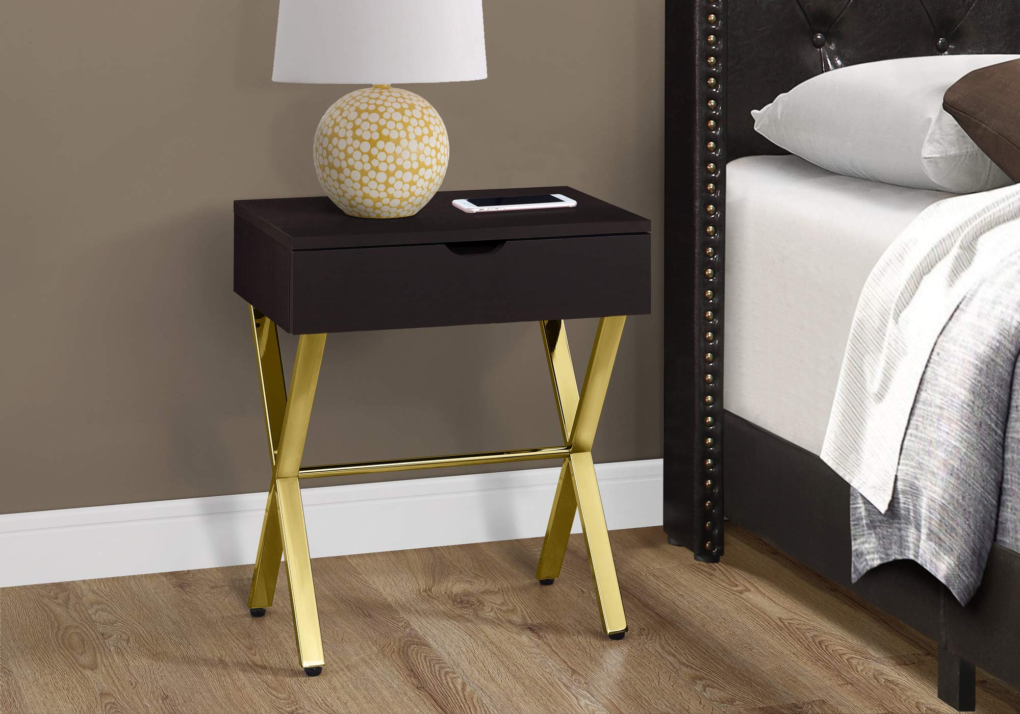 Monarch Specialties Accent End Table Nightstand, 24' H, Cappuccino/Gold