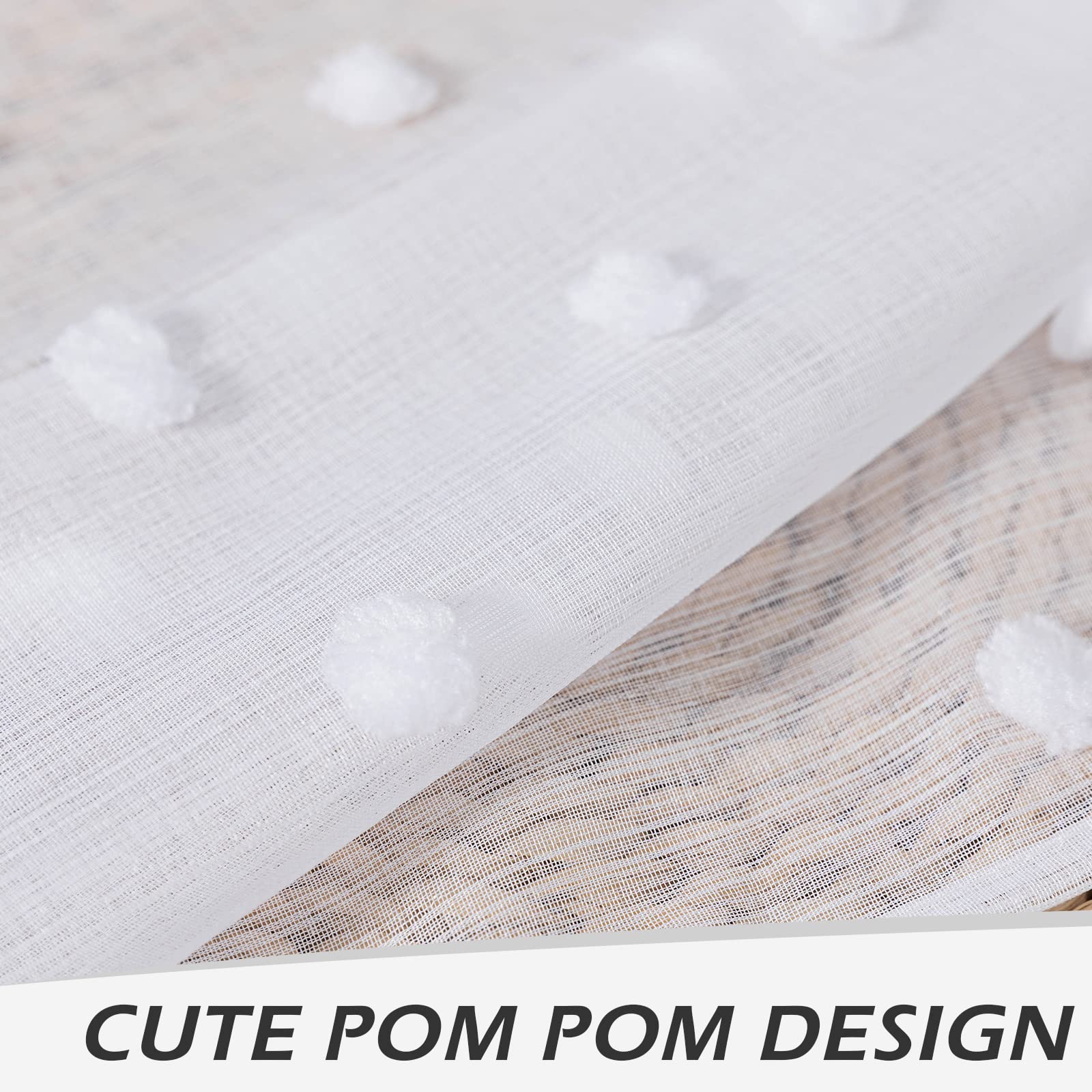 MYSKY HOME 52W x 45L White Pom Pom Short Curtains - Sheer Kitchen & Living Room Window Panels, 2 Sets, Perfect for Nursery & Kids