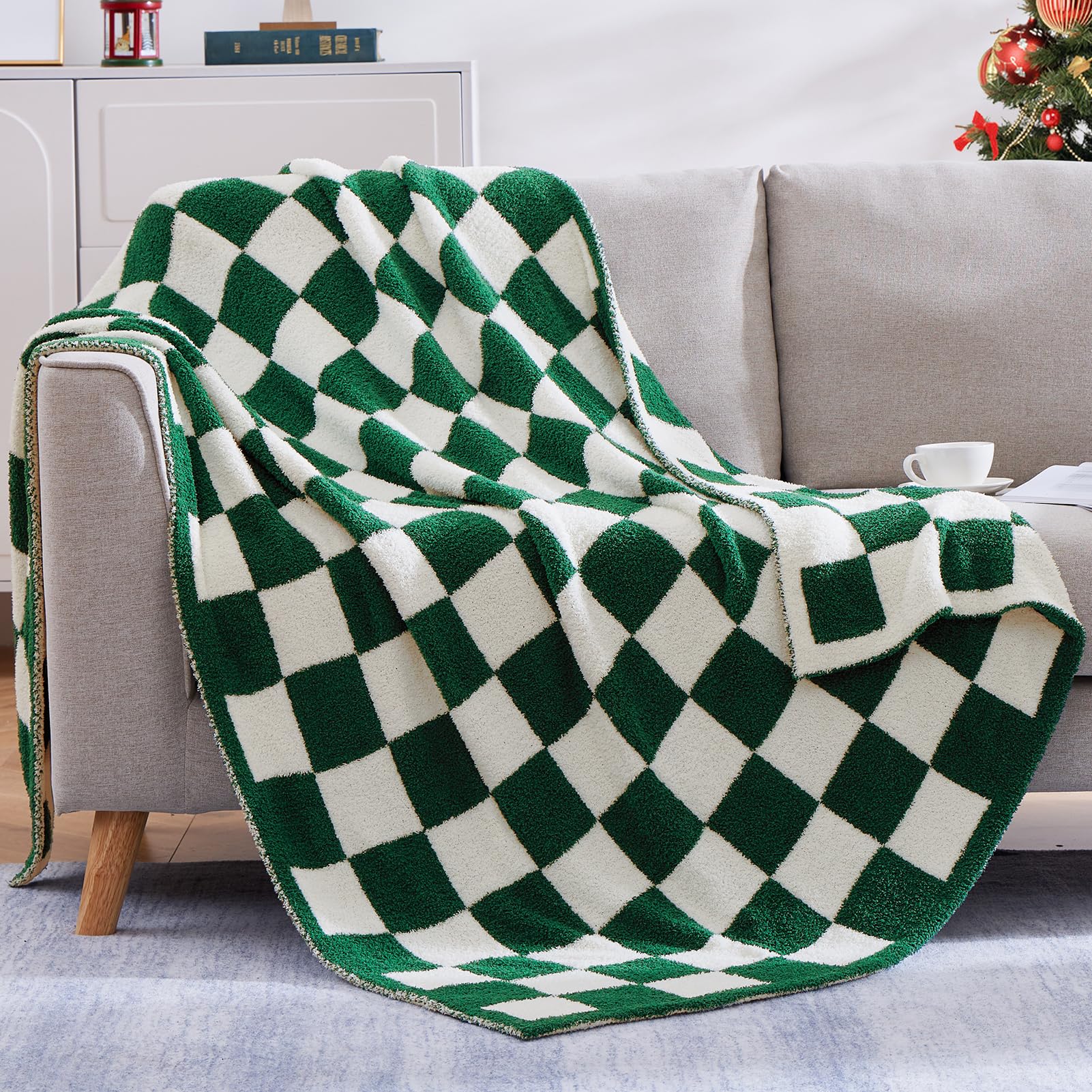 Wrensonge Checkered Throw Blanket, Avocado Green Microfiber Soft Cozy Fluffy Warm Hand Made Throw Blankets For Couch, Sofa, Chai