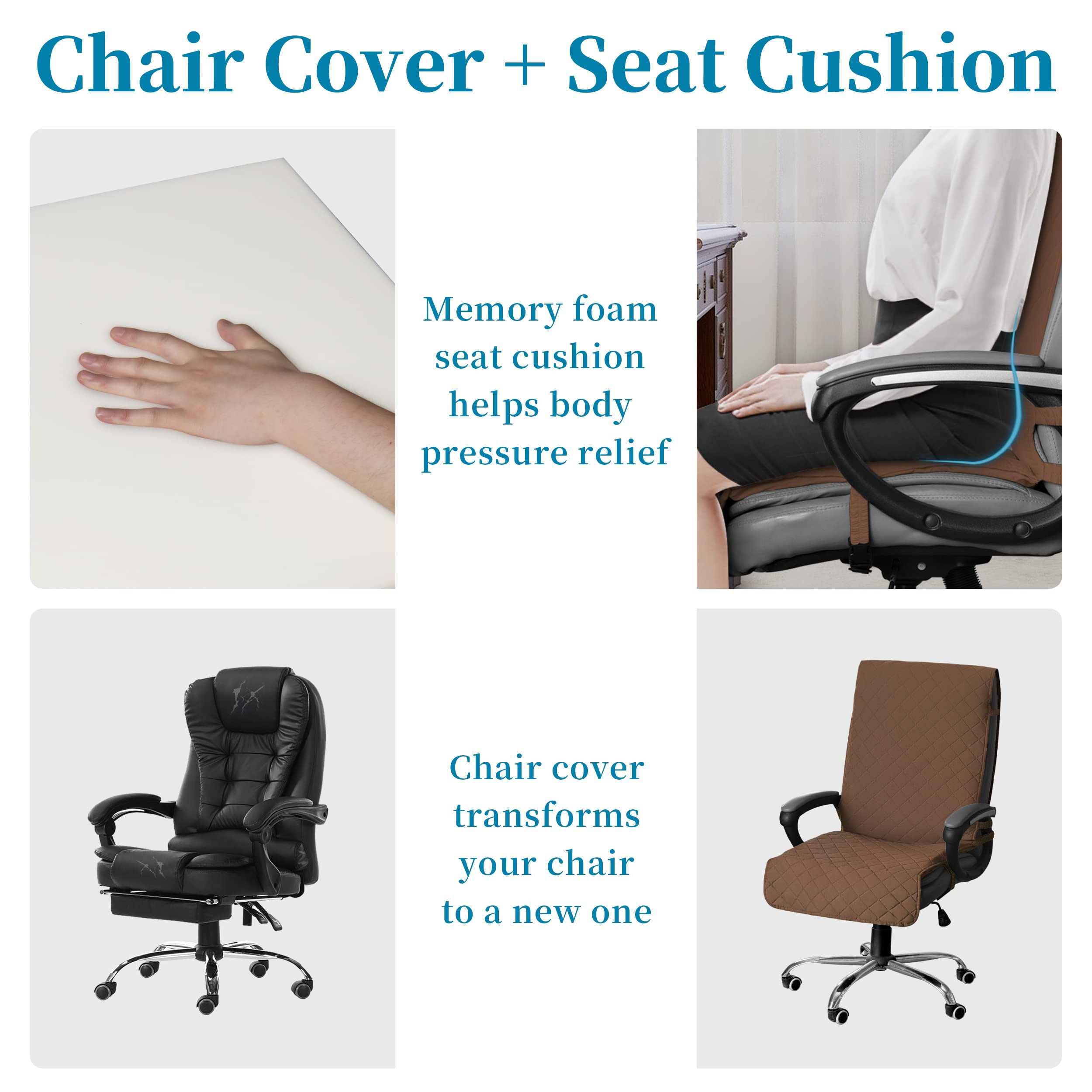 Easy-Going Quilted Microfiber Office Chair Cover With Soft Memory Foam Seat Cushion Water Resistant Desk Computer Chair Slipcover Anti-Slip Chair Protector (Medium, Brown)