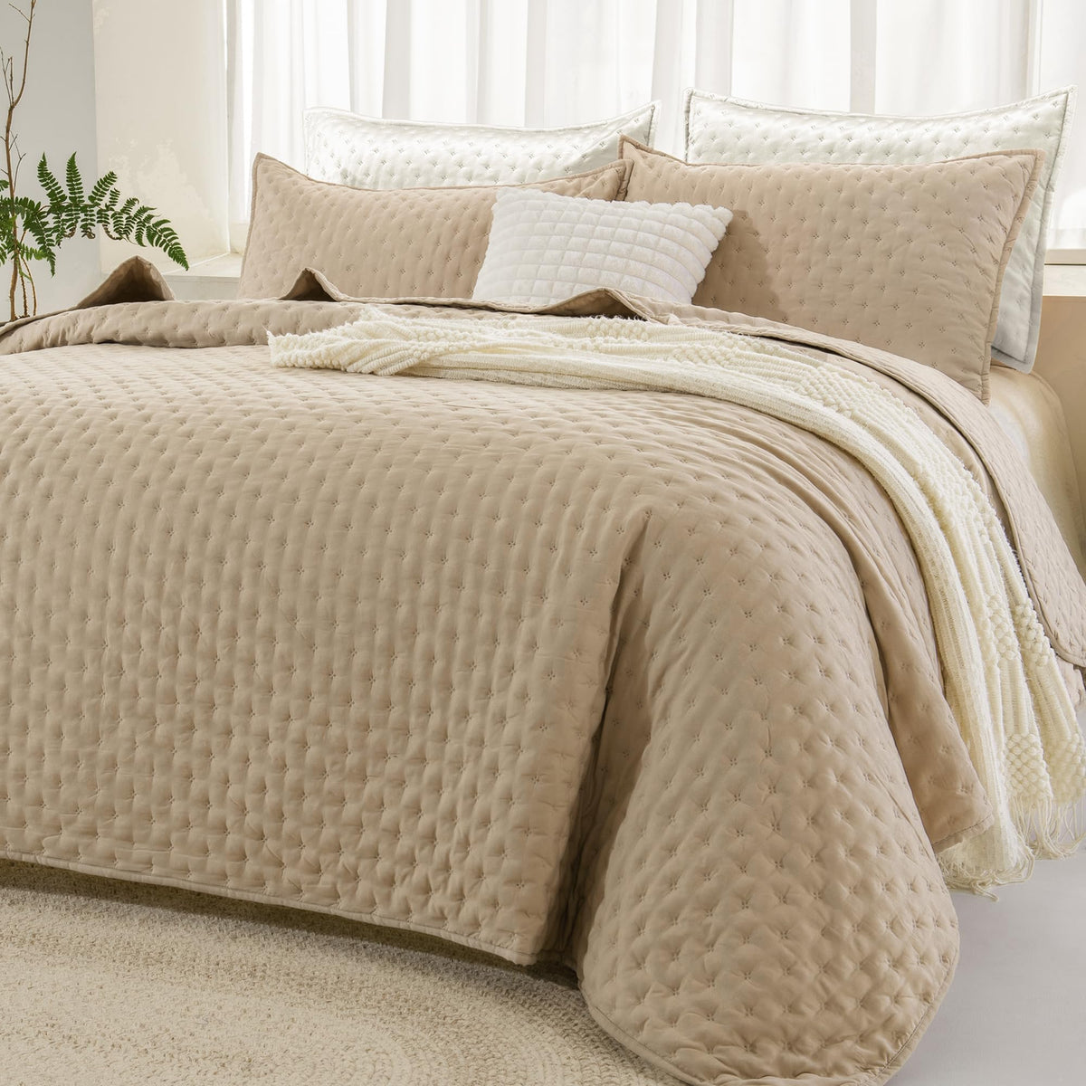 Andency Beige Queen Size Quilt Bedding Set (90x96 Inch), 3 Pieces Soft Lightweight Bedspread Coverlet, Boho Summer Quilt Queen S