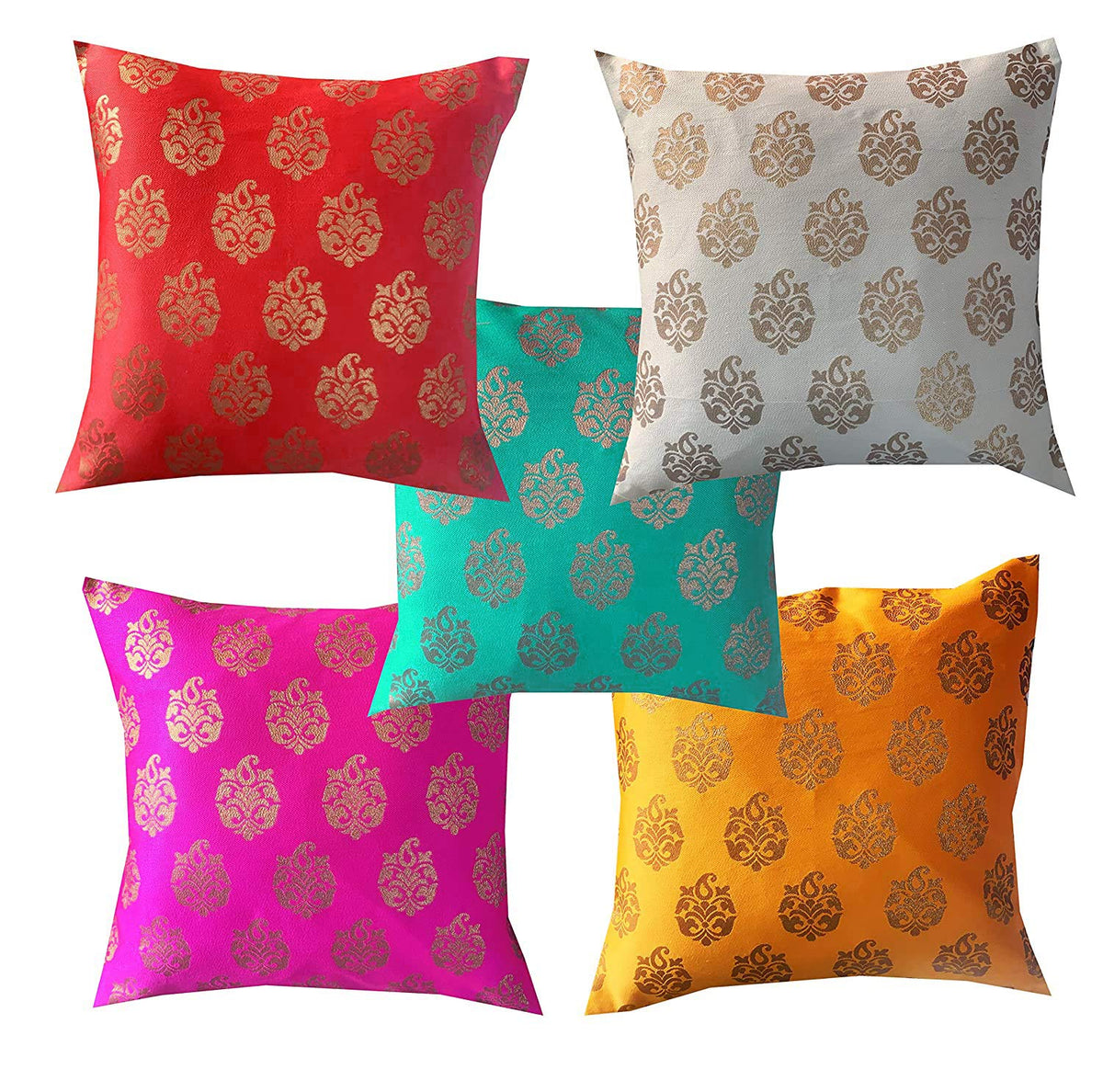 Pink Parrot  Jacquard Silk Square Cushion Cover  18X18 InchSet 5 Pcs , Multicolour