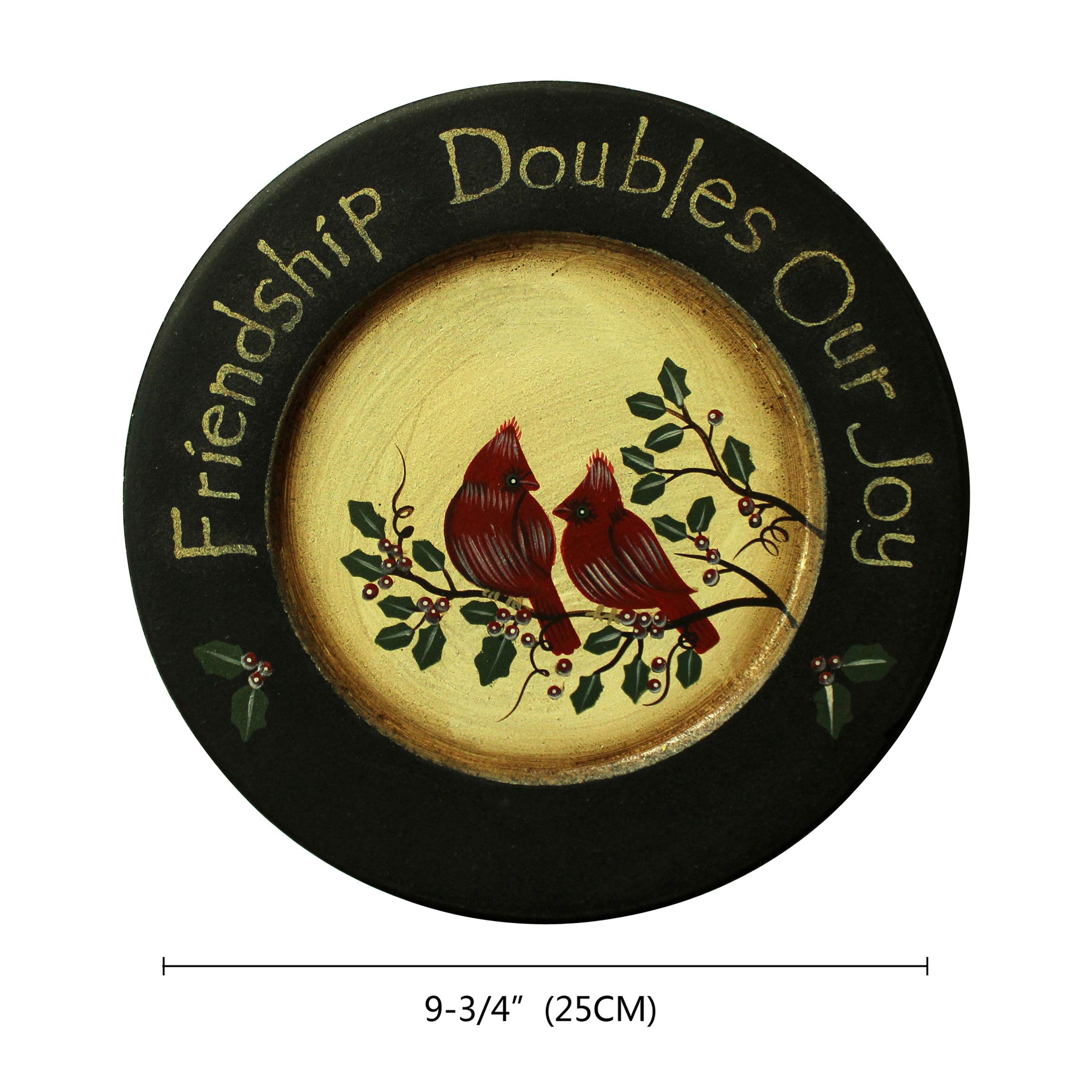 Cvhomedeco. Primitives Hand Painted Red Birds Decorative Plate Rustic Round Display Wooden Plate Home D  Cor Art, 9-3/4 Inch