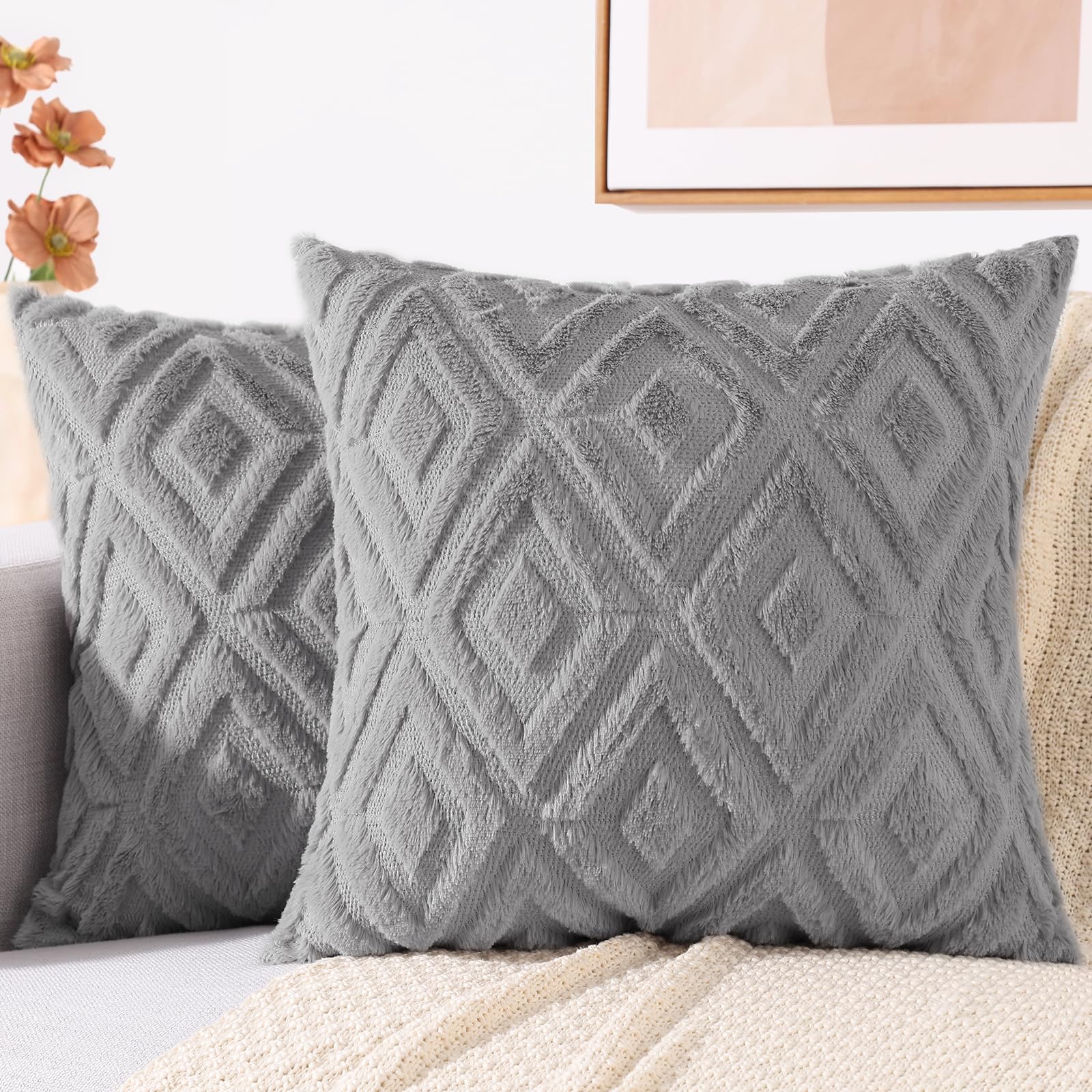 Decoruhome Couch Throw Pillow Covers 22X22 Set Of 2, Decorative Soft Plush Faux Wool Pillow Covers For Bed Sofa Living Room, Gre