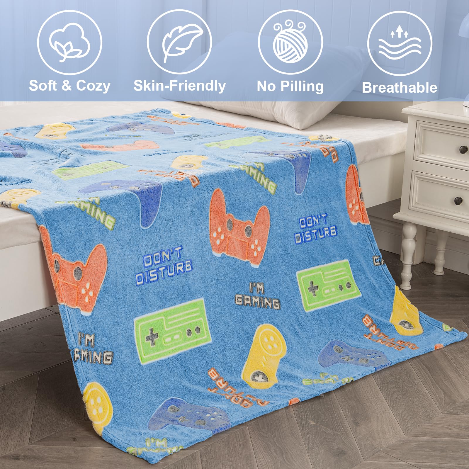 Levens Glow In The Dark Gaming Blanket For Boys - Christmas Easter Valentine'S Gifts Toys For Teens, Gamer Stuff Controller Thro