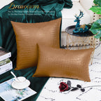 Brawarm Faux Leather Pillow Covers 20 X 20 Inches, Tan Leather Pillow Covers Pack Of 2, Crocodile Leather Decorative Throw Pillo