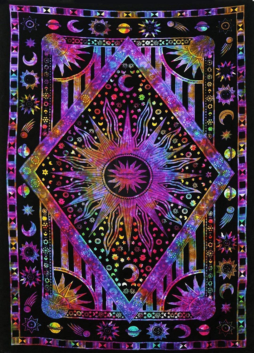ANJANIYA Burning Sun Tie Dye Tapestry, Celestial Sun Moon Star Planet Bohemian Twin Tapestry Tarot Card Wall Hanging Boho Tapest