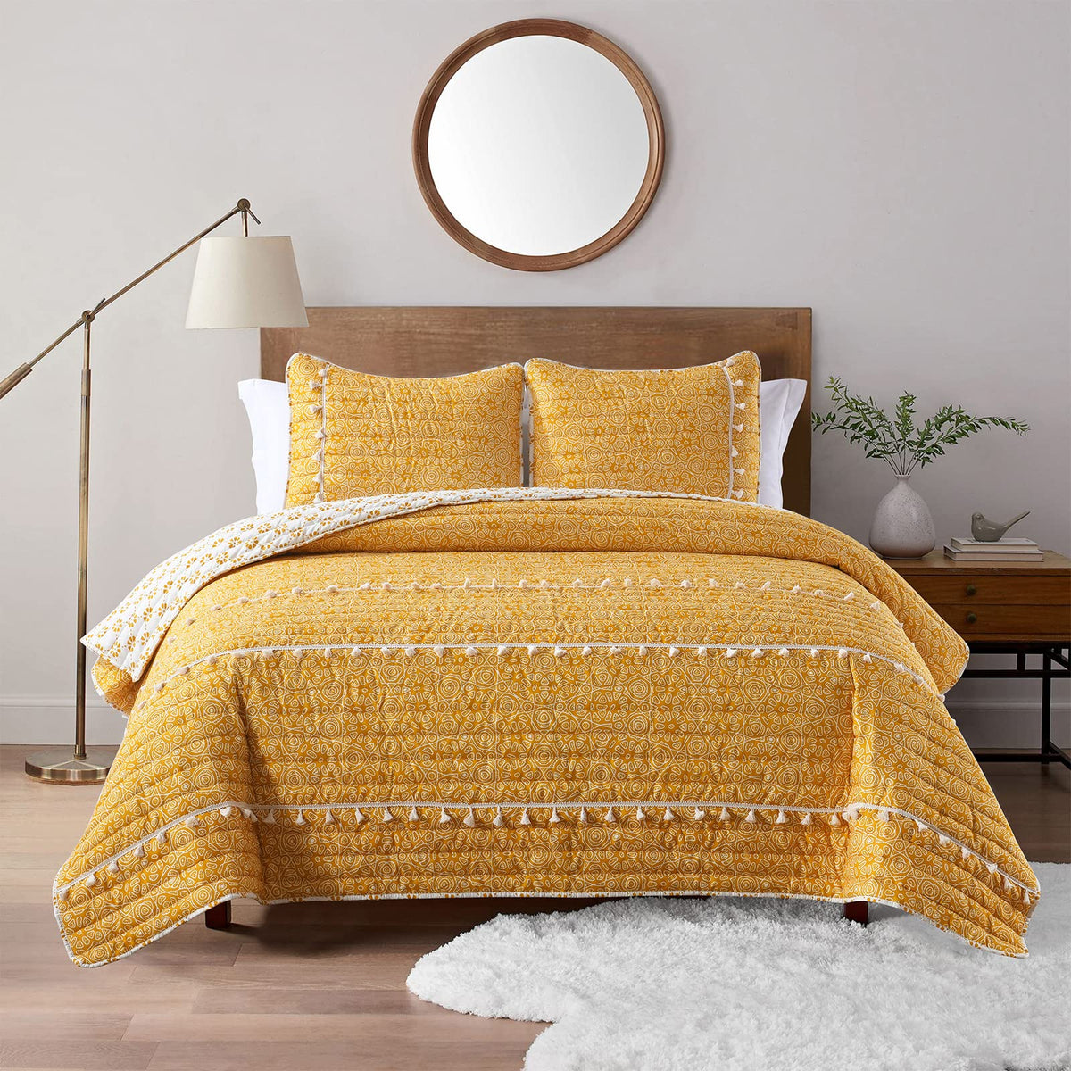 Horimote Home Boho Style Yellow Twin Quilt Set With Tassle, Soft And Lightweight Bedspread For All Season, Twin Size Bed Coverle