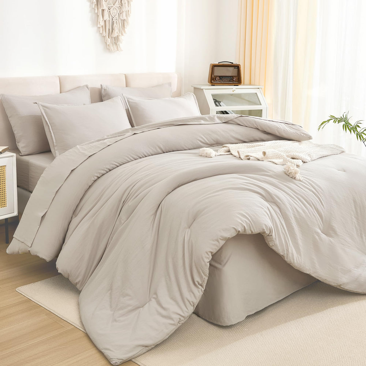 Litanika California King Comforter Set Linen - 7 Pieces Bed In A Bag Cal King Beddding Comforter Sets, Plain Lightweight Bed Set
