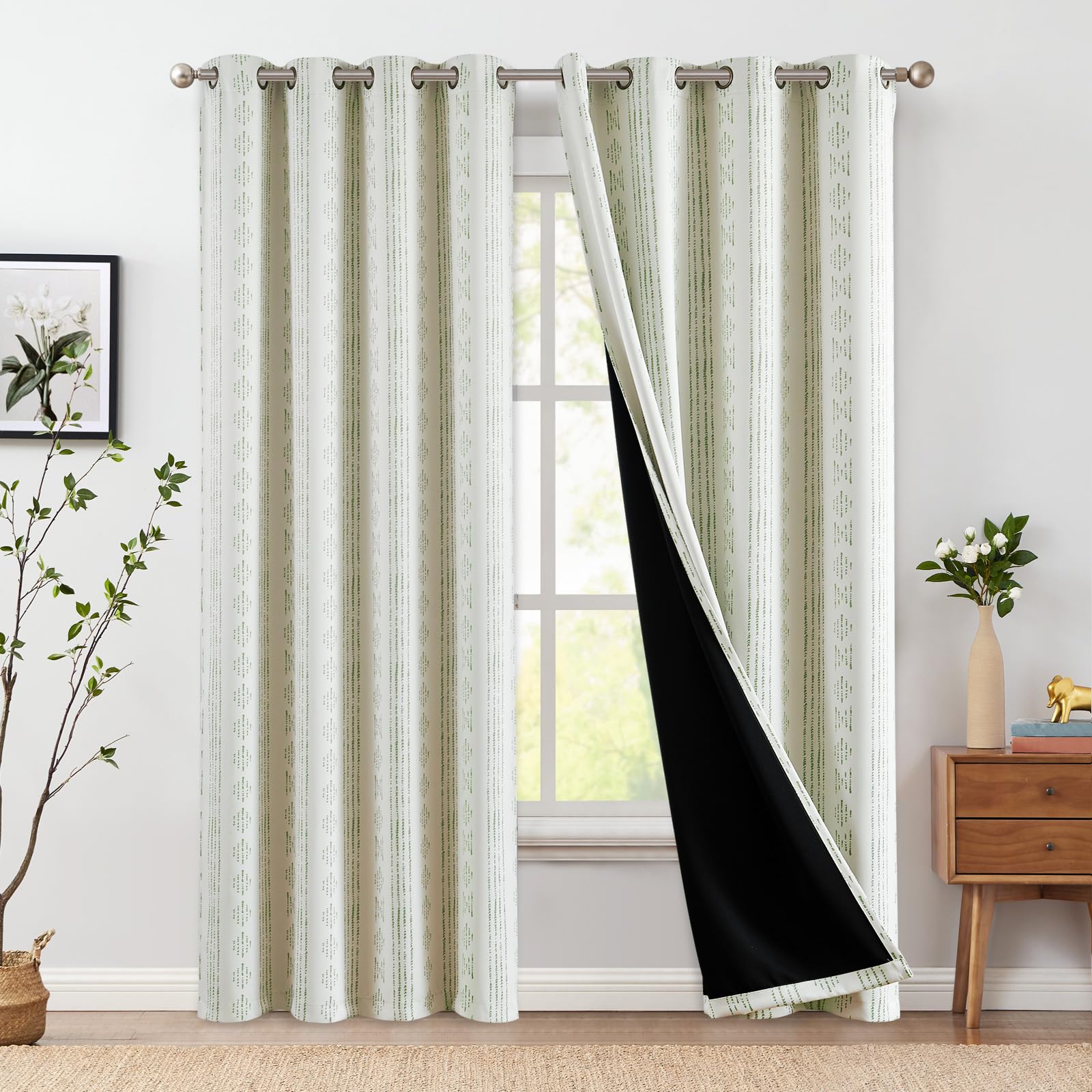 Jinchan 100% Blackout Curtains Boho Curtains For Bedroom 90 Inch Long Beige Curtains With Green Pattern Grommet Top Thermal Insu