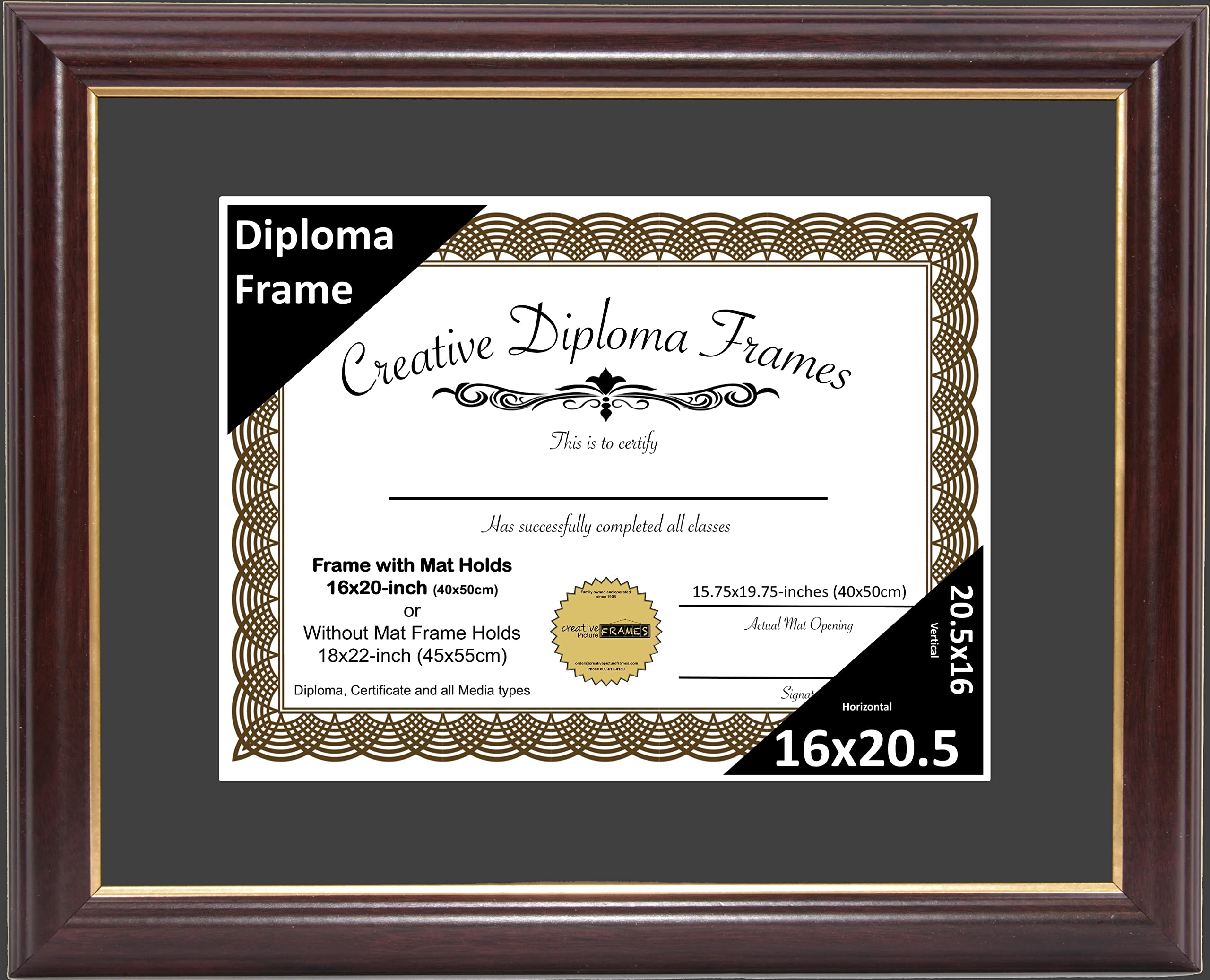 Creative Picture Frames 16x20.5 Classic Black Diploma Frame with Black Mat Glass and Installed Wall Hangers | Frame Holds 18x22 