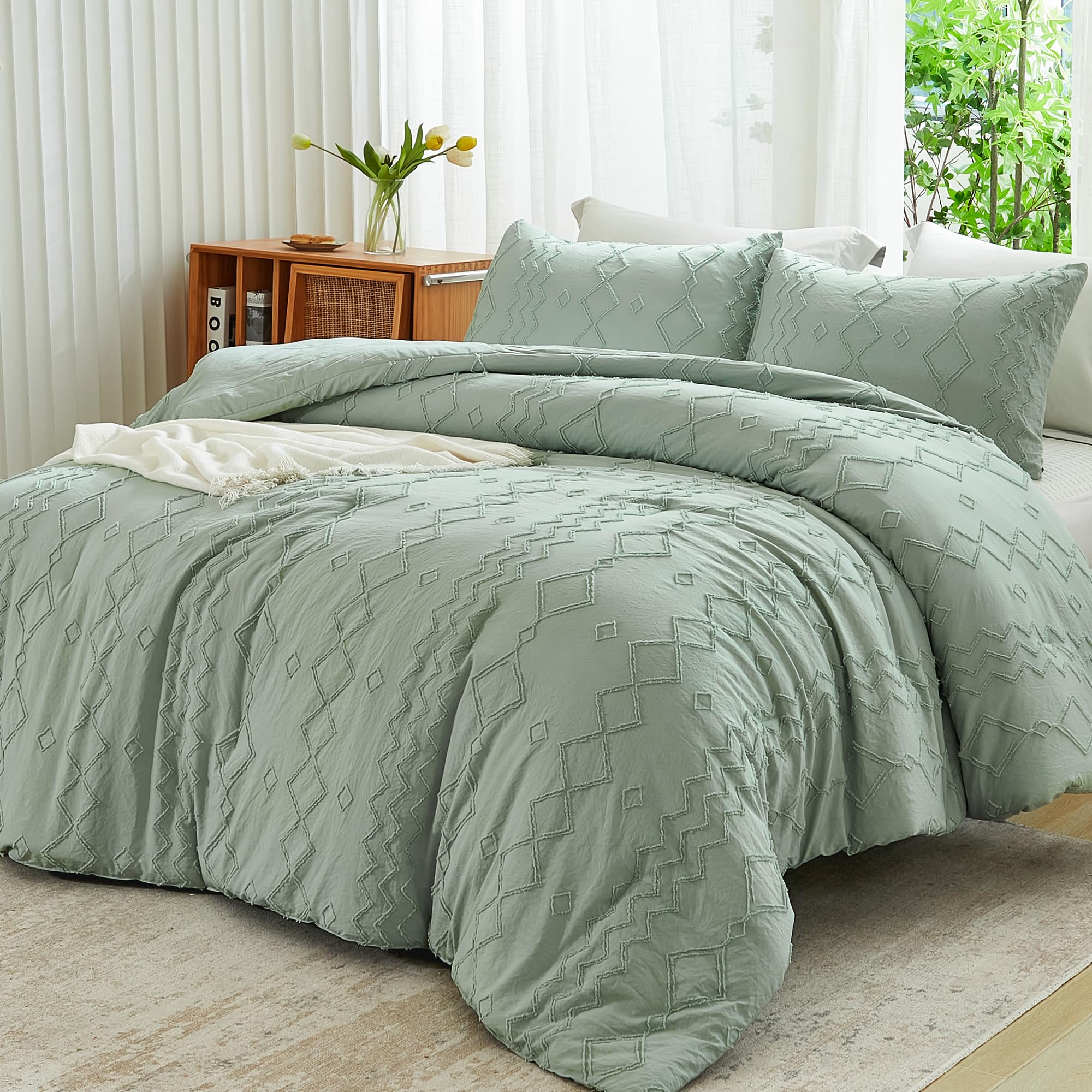 Andency Sage Green Tufted Comforter Set Queen(90X90Inch), 3 Pieces(1 Tufts Comforter, 2 Pillowcases) Boho Textured Farmhouse Comforter, Microfiber Down Alternative Geometric Comforter Bedding Set