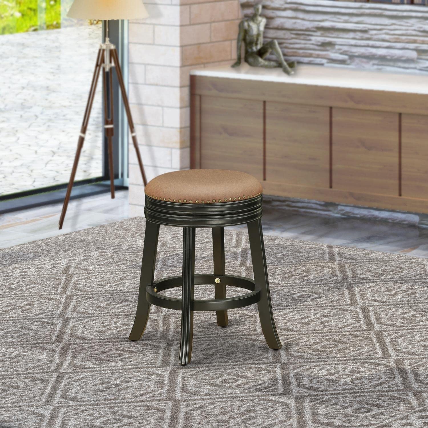 East West Furniture Dvs024-112 Devers Counter Stool Bar Chair - Round Shape Brown Roast Pu Leather Upholstered Pub Height Backless Chairs, 24 Inch Height, Black