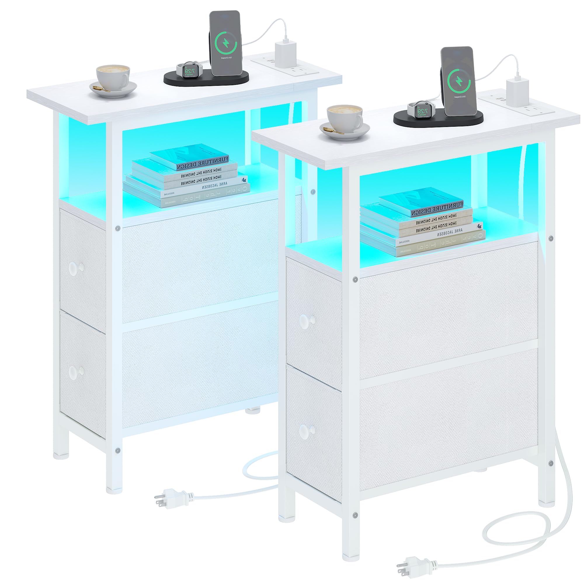 Trifeble End Table Set 2 With Charging Station, Narrow Side Table With 2 Fabric Drawers, Skinny Nightstand With Led Light, Slim