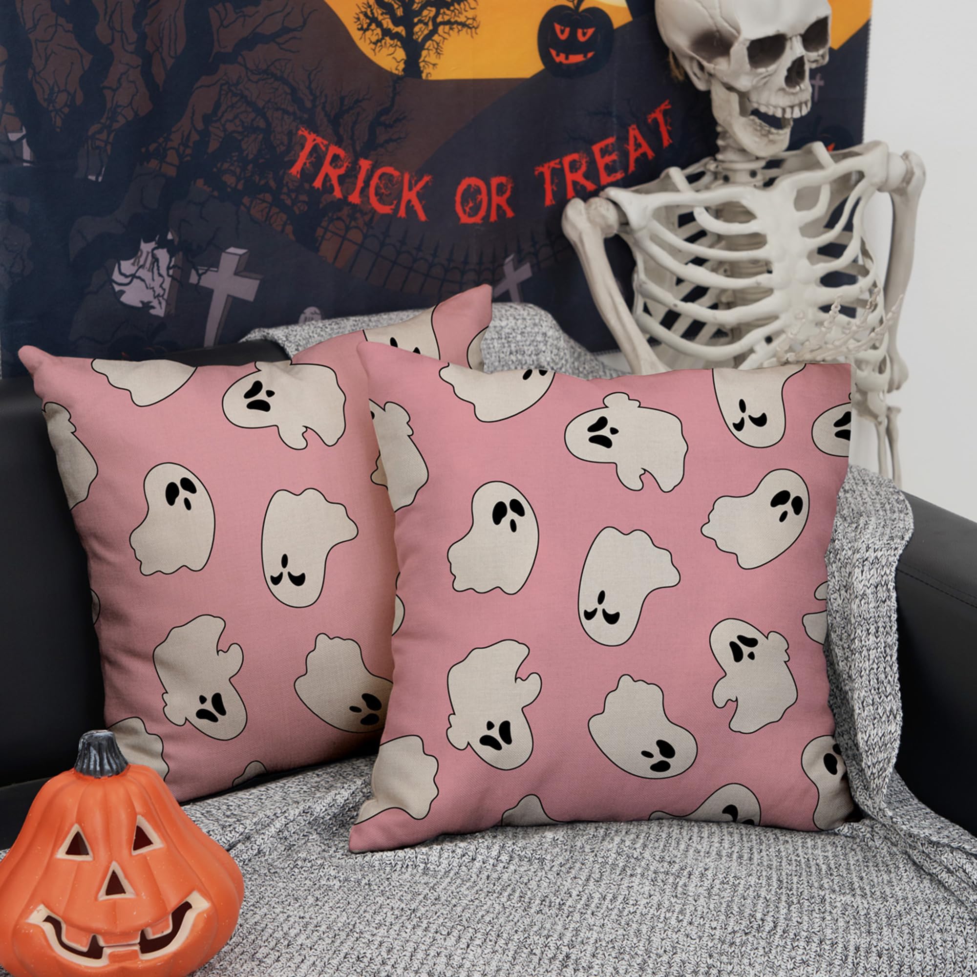Dfxsz Halloween Pillow Covers 18X18 Inch Set Of 2 Happy Halloween White Ghost Decor Pink Pillow Covers Happy Halloween Sofa Bed