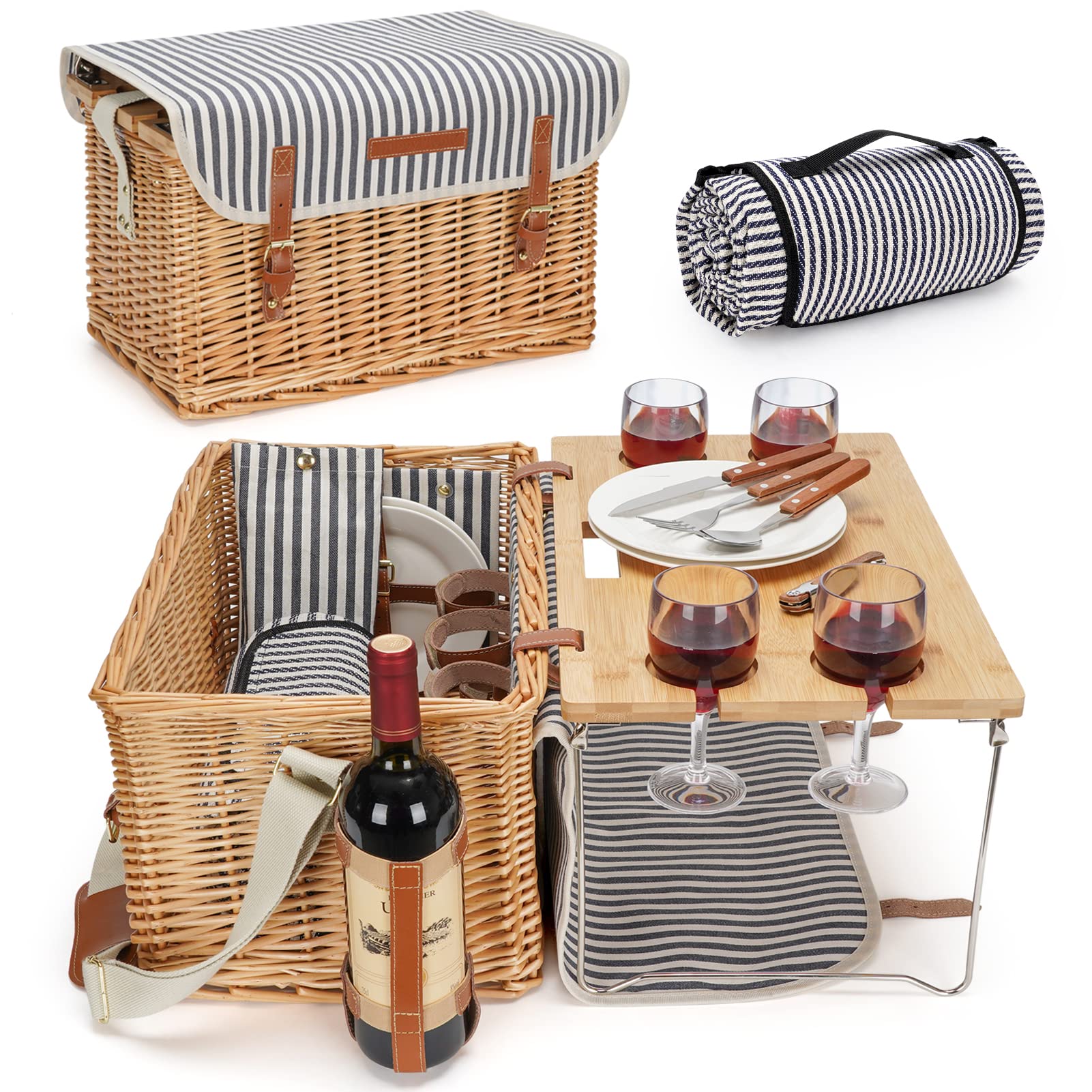 Wicker Picnic Basket for 4, 4 Person Picnic Kit, Willow Hamper Service Gift Set with Blanket Portable Bamboo Wine Snack Table fo