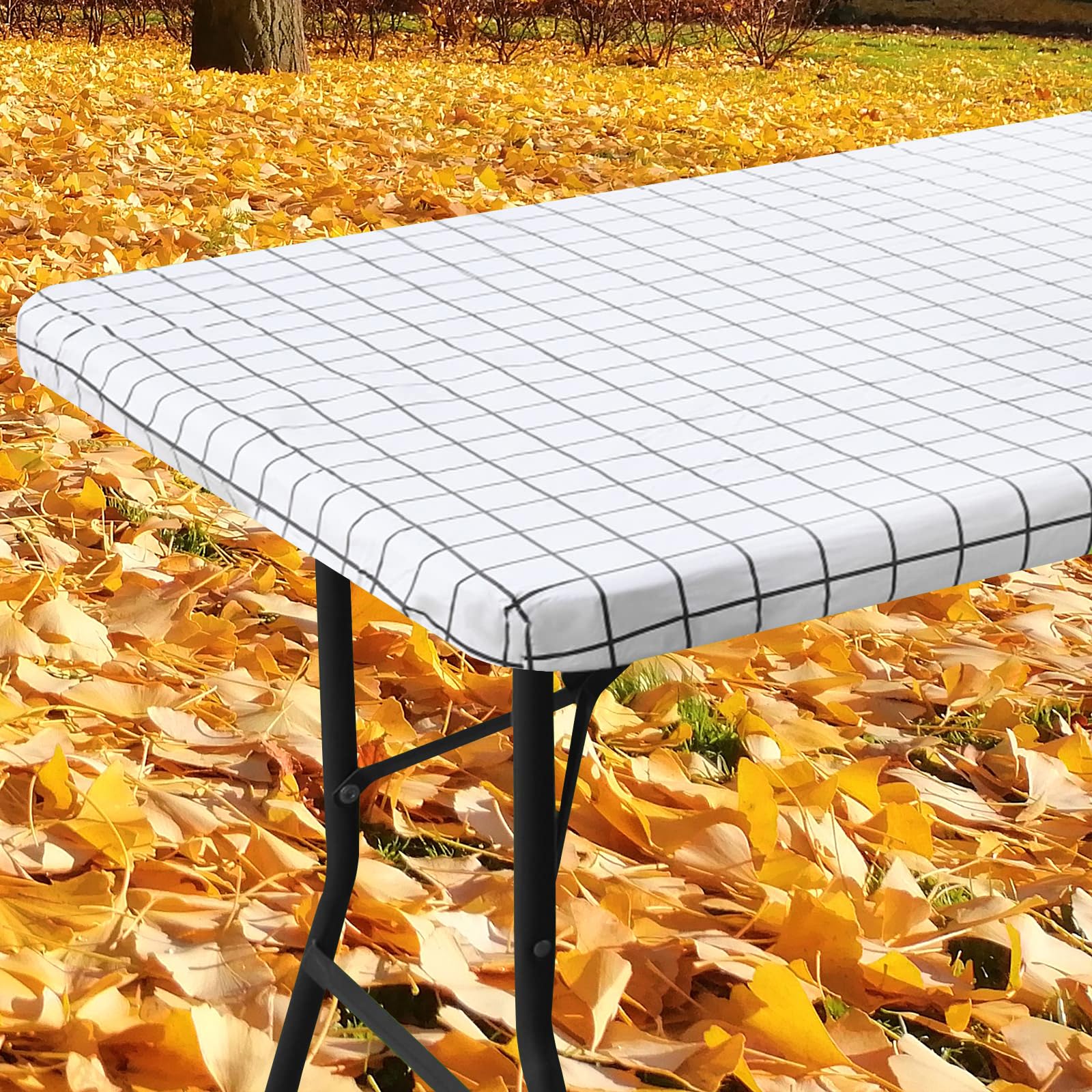Spotjoy Rectangle Table Cloth, Elastic Fitted Flannel Backed Plastic Table Covers For 4 Foot Folding Tables, Waterproof Vinyl Ta