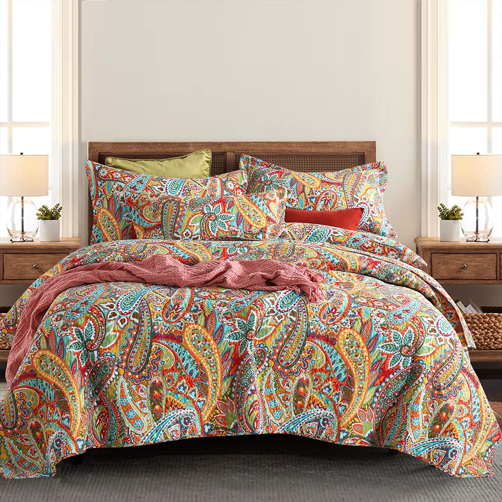 Autumn Dream Cotton Bedspread Quilt Sets, 3 Pieces Reversible Comforter Coverlet Sets, Yellow Gorgeous Paisley Bedspread,King Si