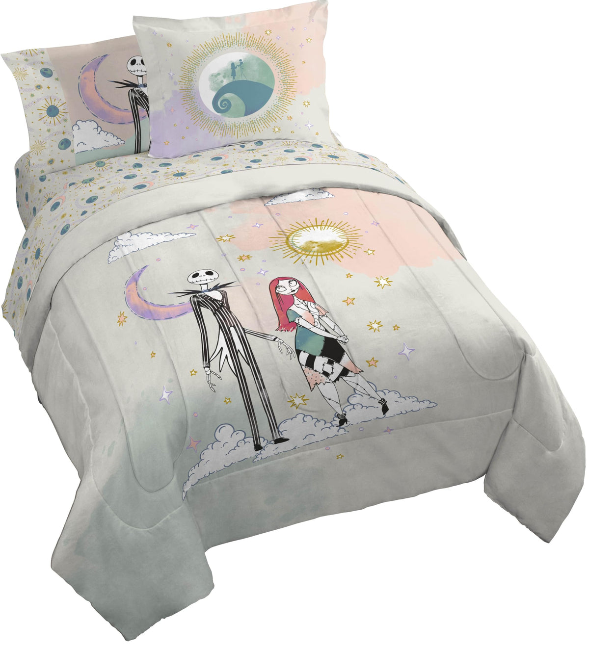 Disney Nightmare Before Christmas Queen Size Comforter Set - 7 Piece Jack And Sally Bedding Includes Sheet Set & Pillow Covers -