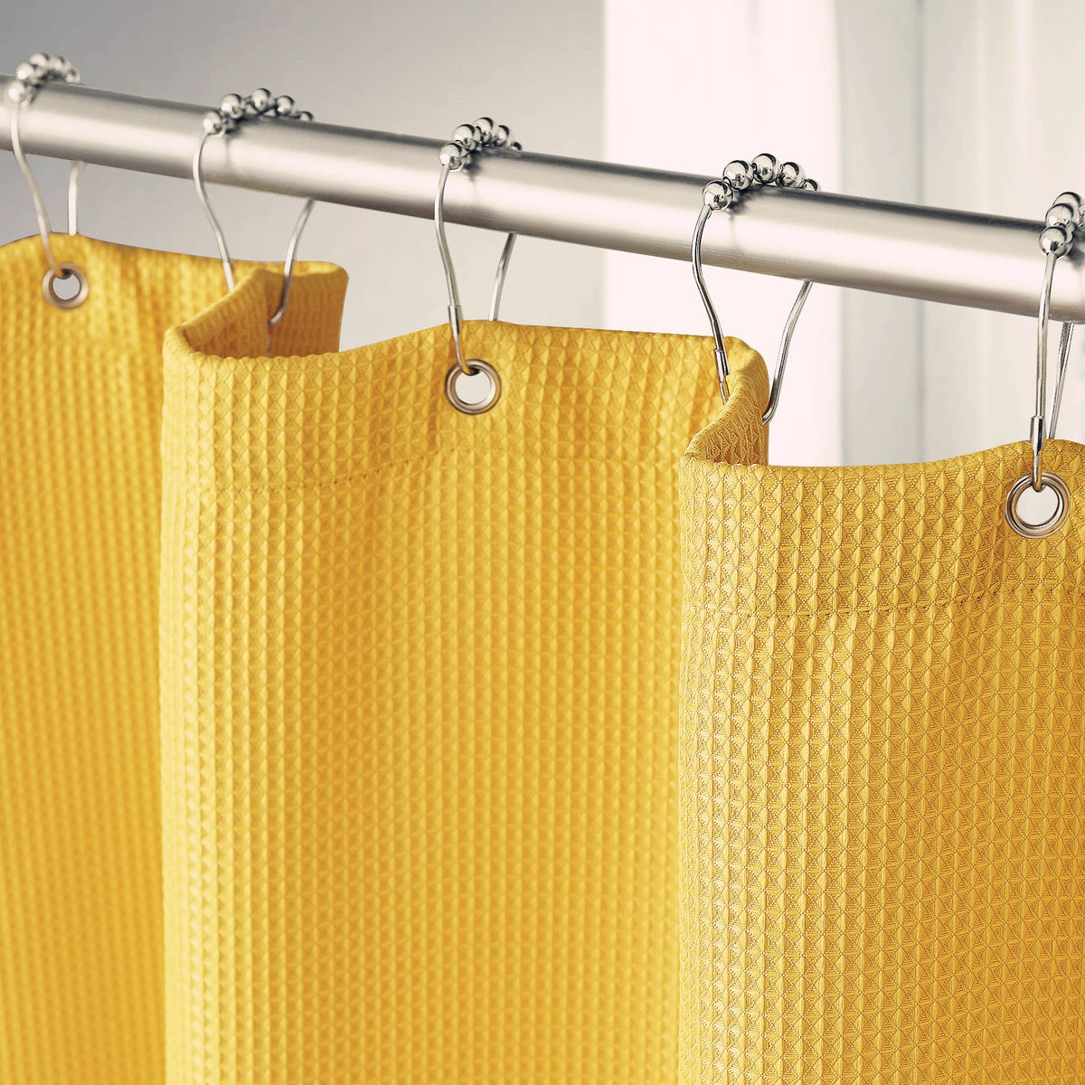 Amazerbath Waffle Shower Curtain, Mustard Shower Curtain Bright Yellow Fabric Shower Curtain With Waffle Weave Heavy Duty Hotel