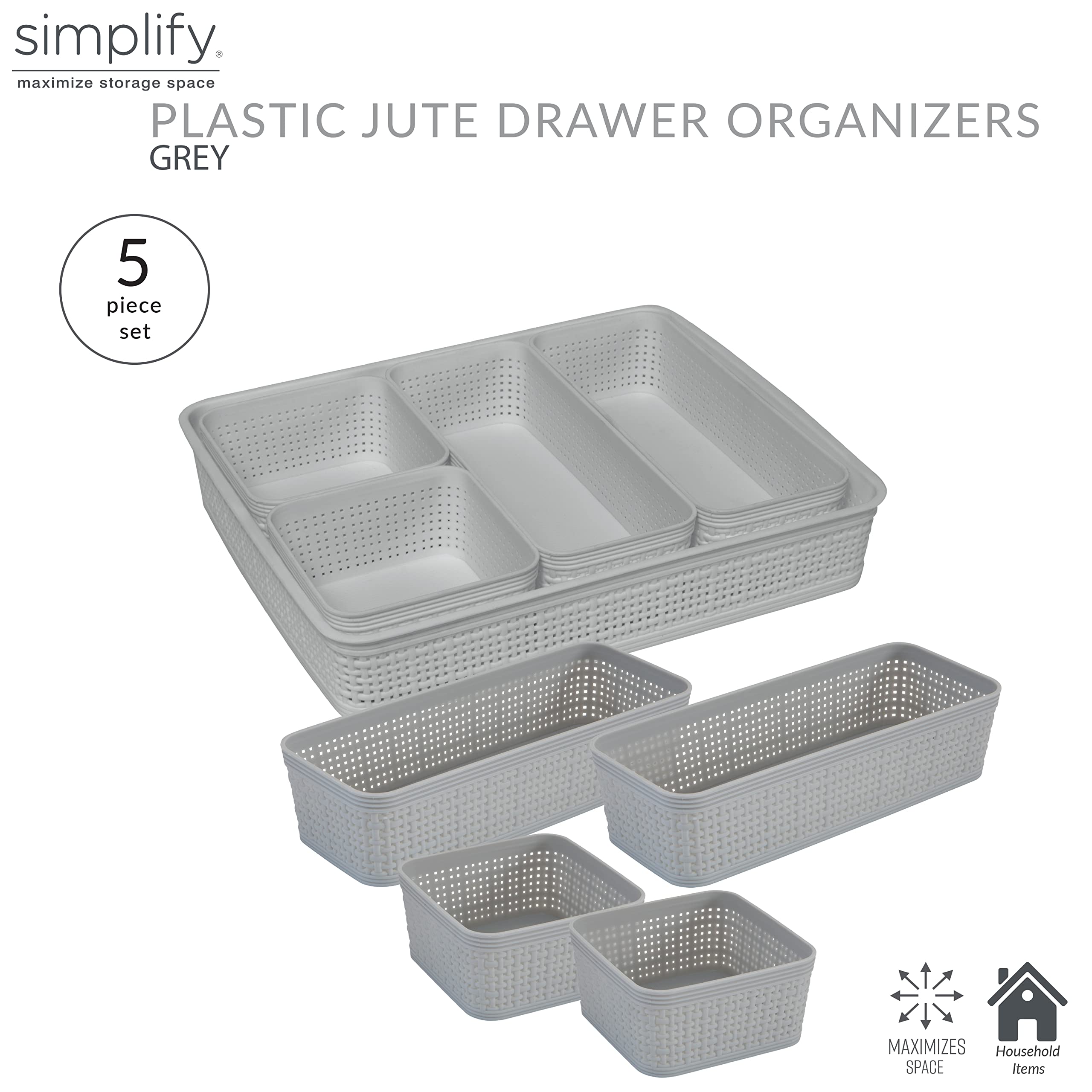 Simplify 5 Piece Organizing Set | Multiple Size Bins | Multipurpose | Office | Desk | Dorm | Bathroom | Storage Basket | Small I